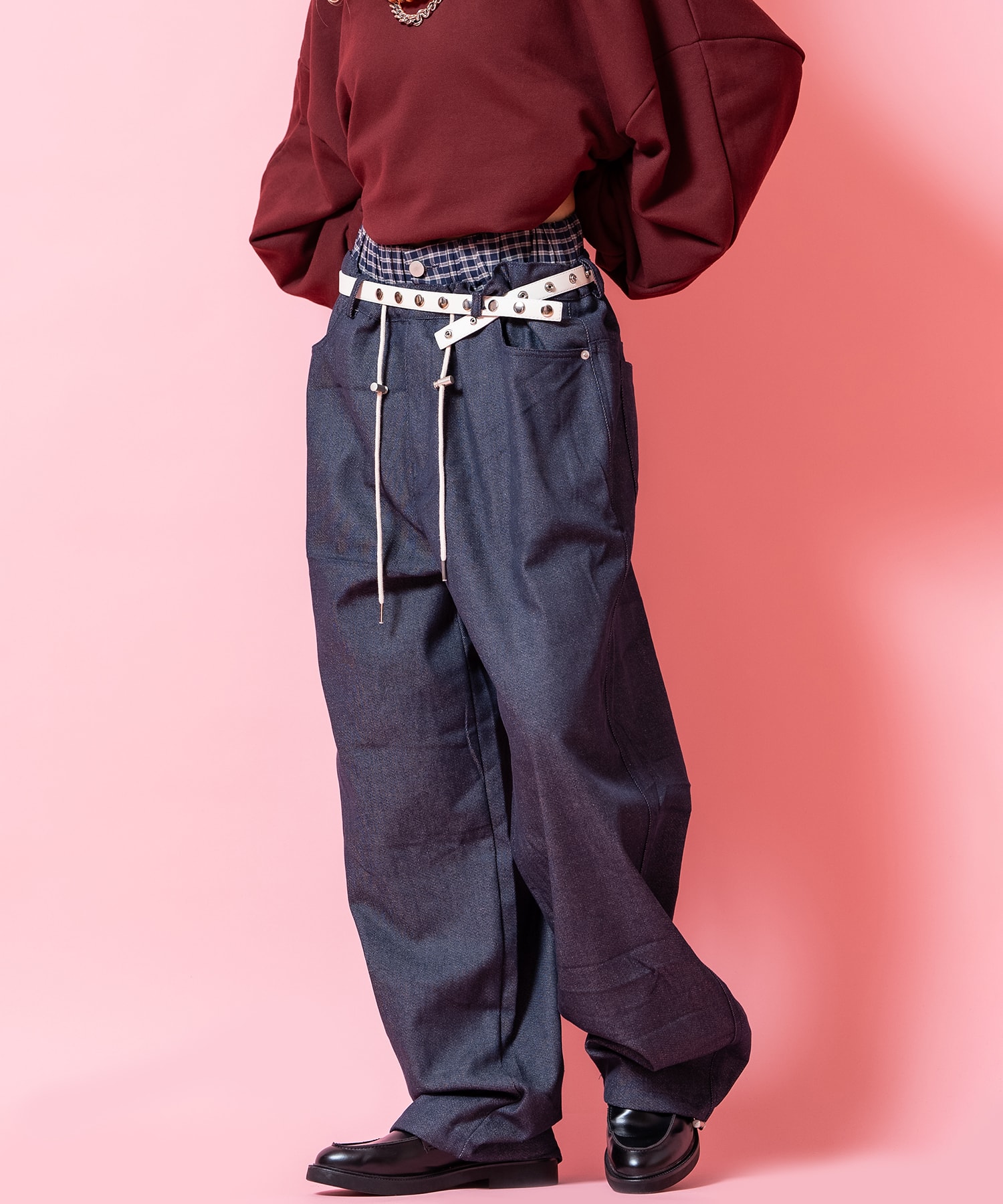 MAZZ似　ダブルウエストデニム　チェック チェック柄見せパンスタイルダブルウエストワイドデニムパンツ / ユニ