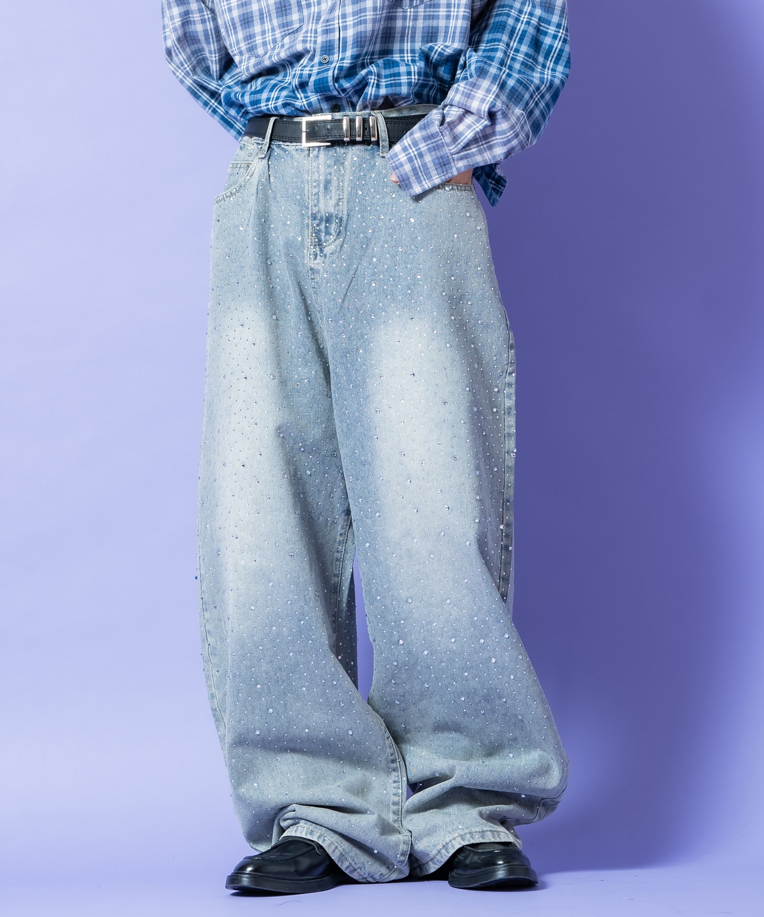 a.p.o.v. ハイパージルコニアラインストーンワイドヴィンテージウォッシュブルーデニムパンツ