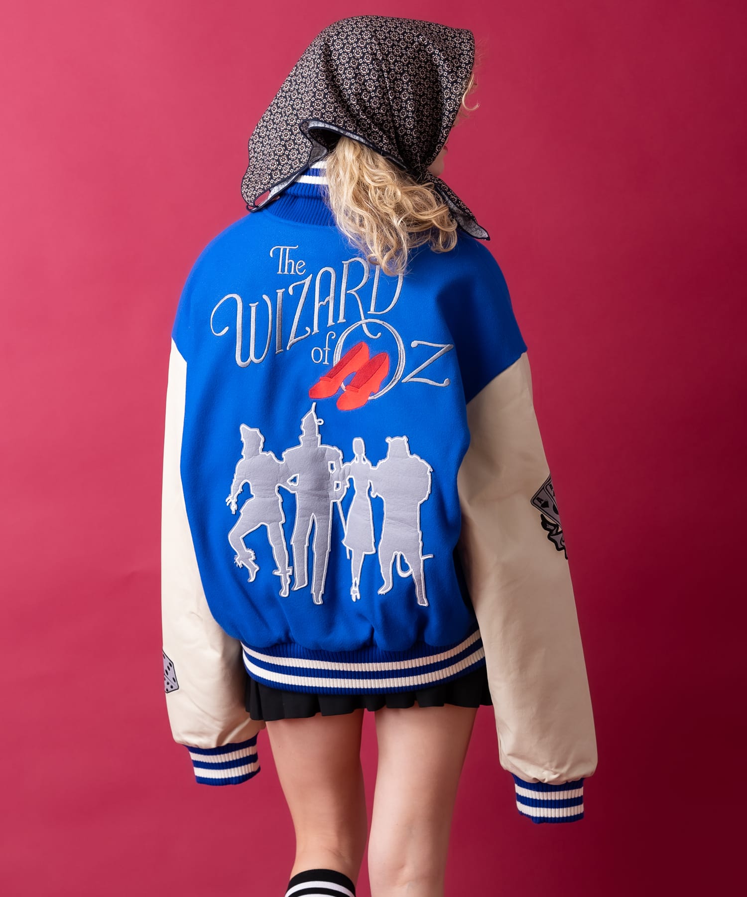 ason スタジャン アウター 不思議の国のアリスモチーフワッペンウール＆合成皮革スタジャン