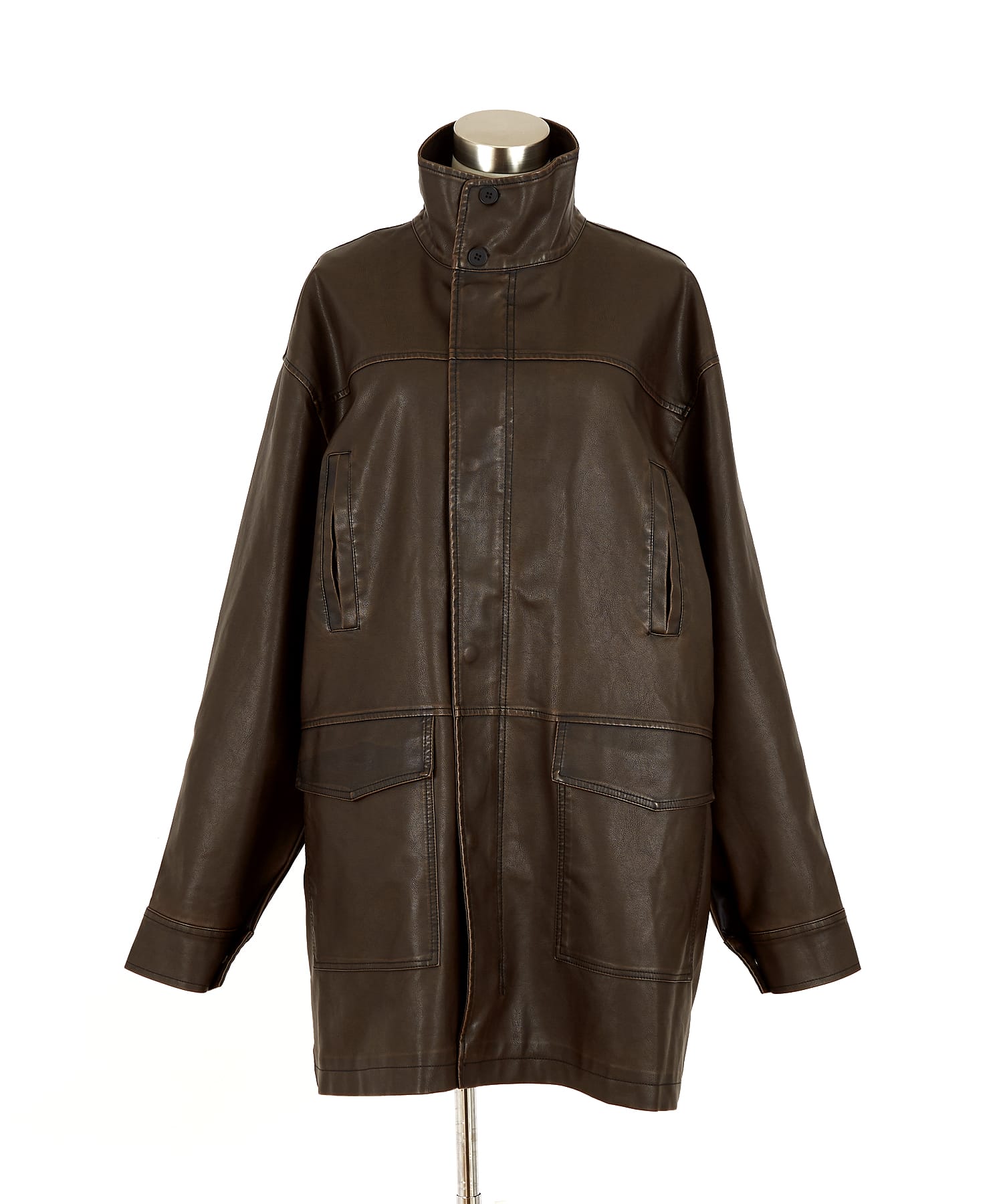 ヴィンテージライク合成皮革スタンドネックコート / ロングコート