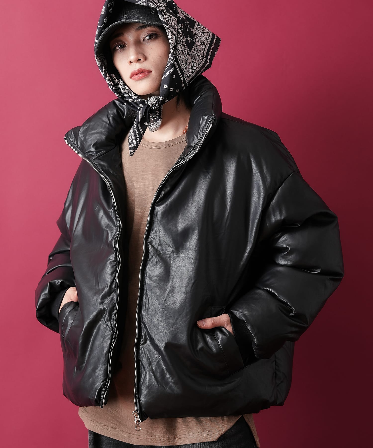 マットカラー合成皮革オーバーサイズ中綿ジャケット/ ブルゾン メンズ