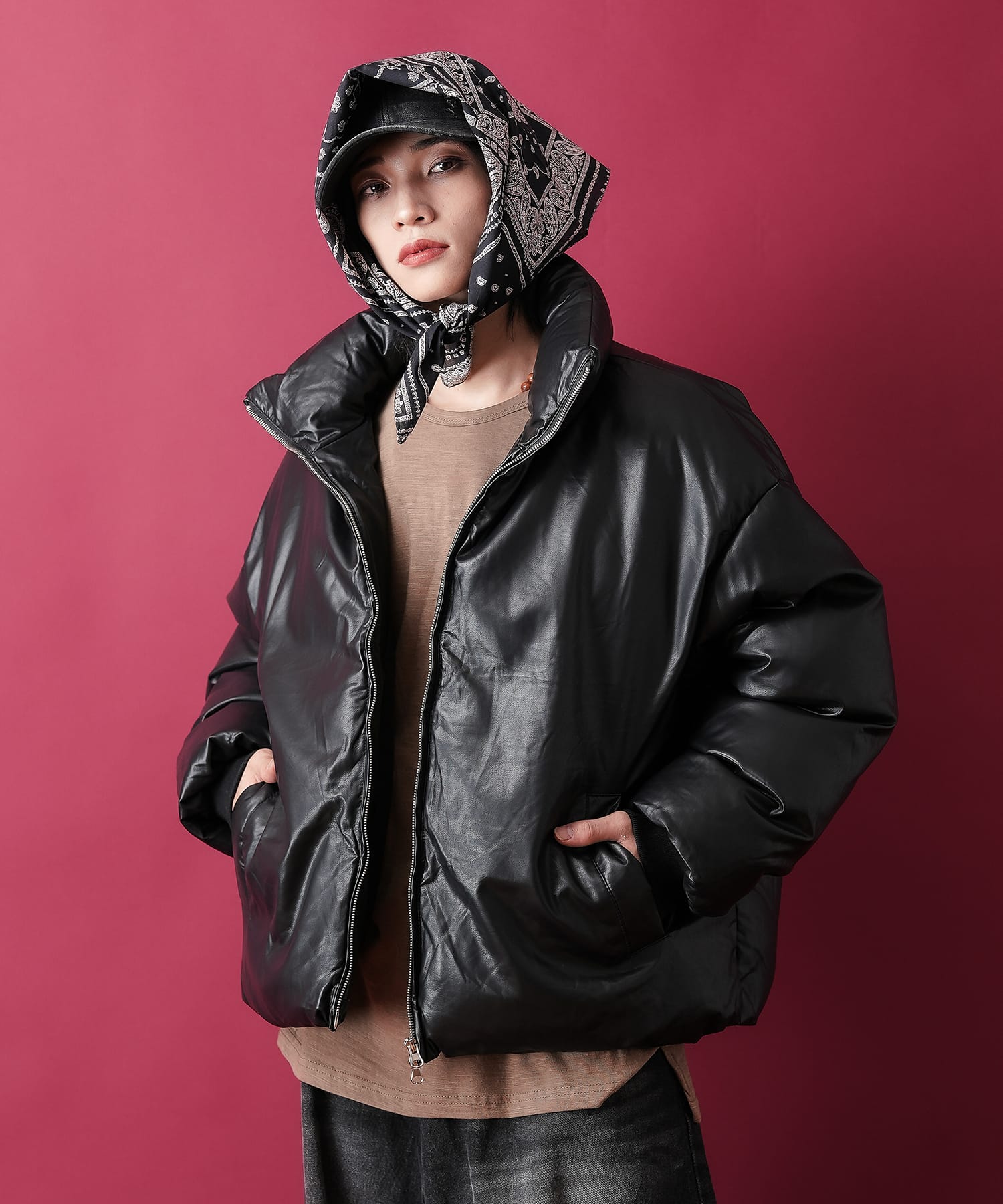 マットカラー合成皮革オーバーサイズ中綿ジャケット/ ブルゾン メンズ