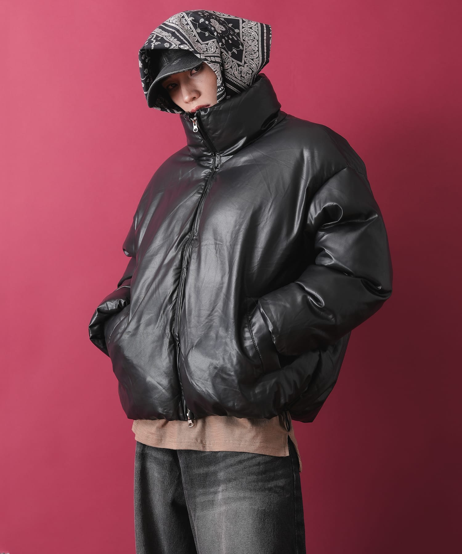 メタルシンボル光沢中綿ジャケット マットカラー合成皮革オーバーサイズ中綿ジャケット/ ブルゾン メンズ