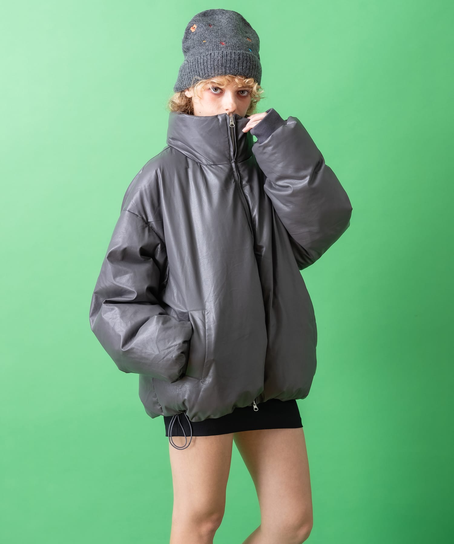 マットカラー合成皮革オーバーサイズ中綿ジャケット/ ブルゾン メンズ