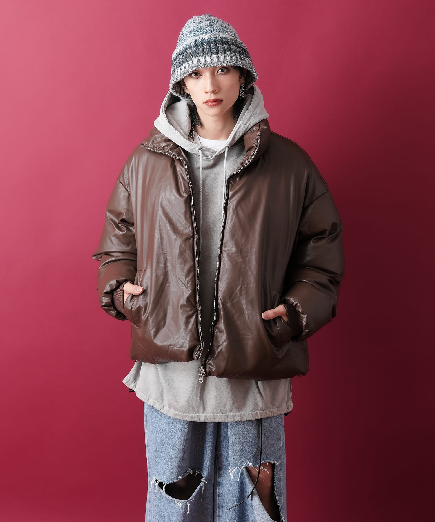 ankoROCK 中綿 ジャケット マットカラー合成皮革オーバーサイズ中綿ジャケット/ ブルゾン メンズ