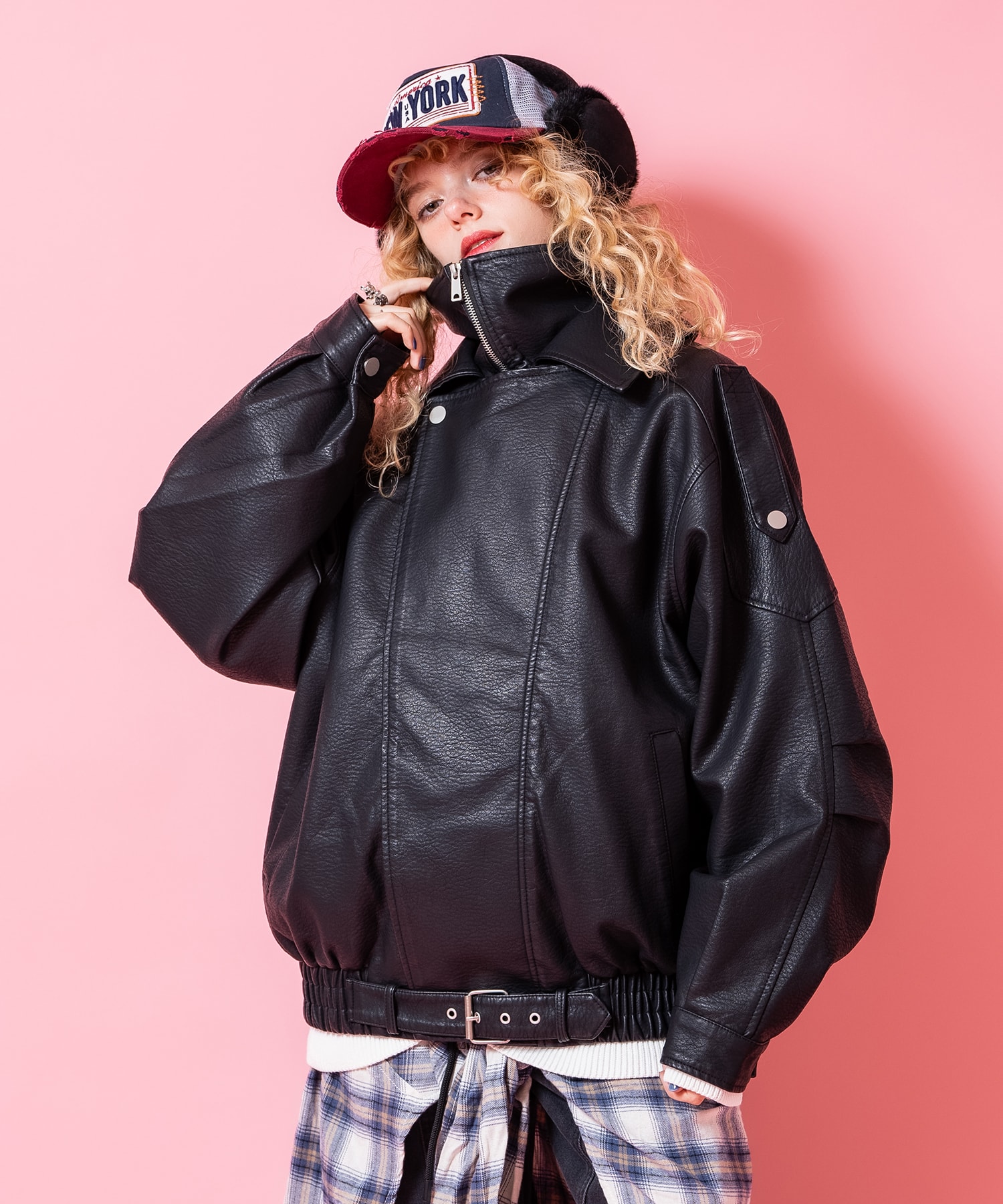 ダブルカラー合成皮革オーバーサイズアシンメトリーラペルダブル