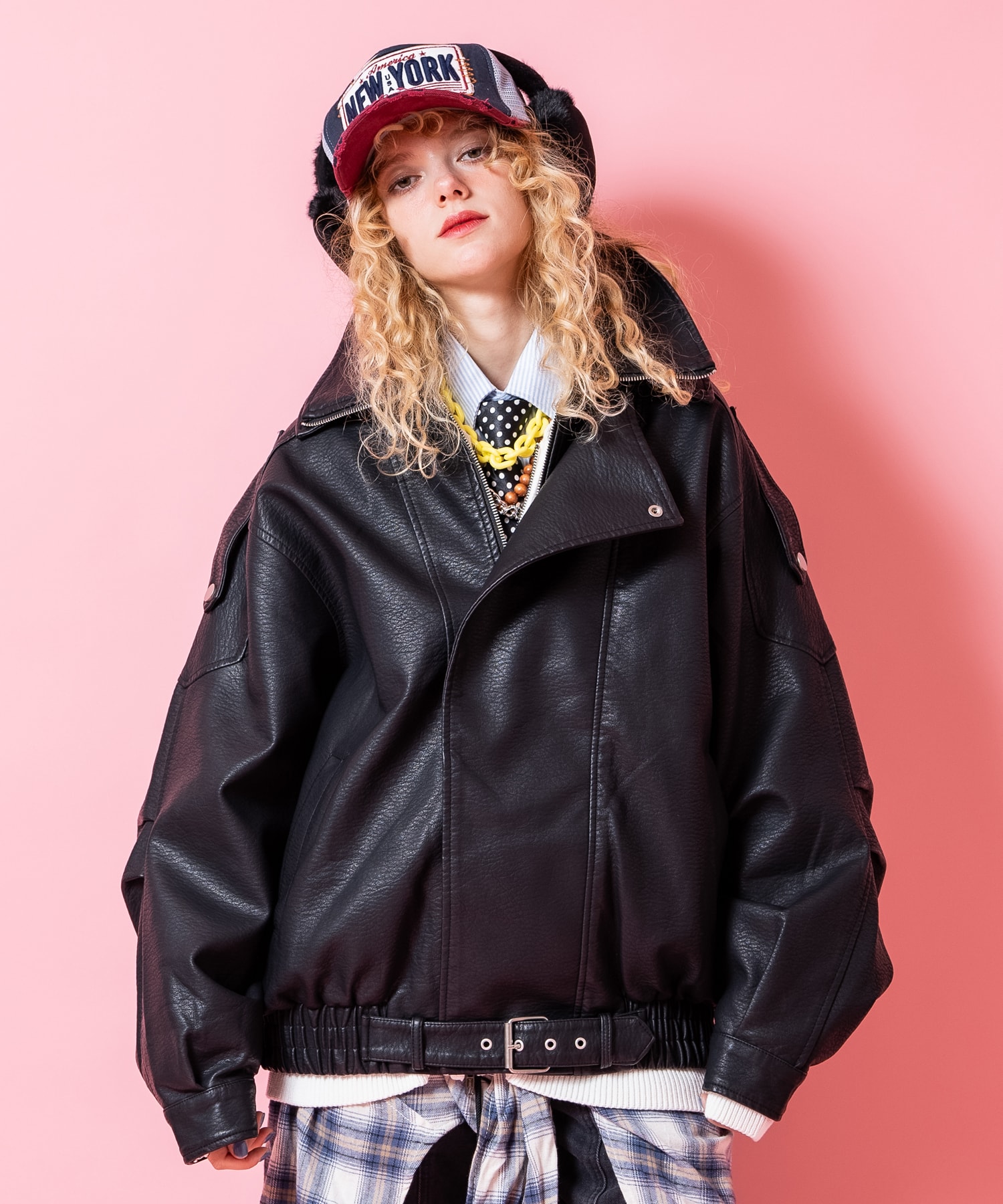 ダブルカラー合成皮革オーバーサイズアシンメトリーラペルダブル