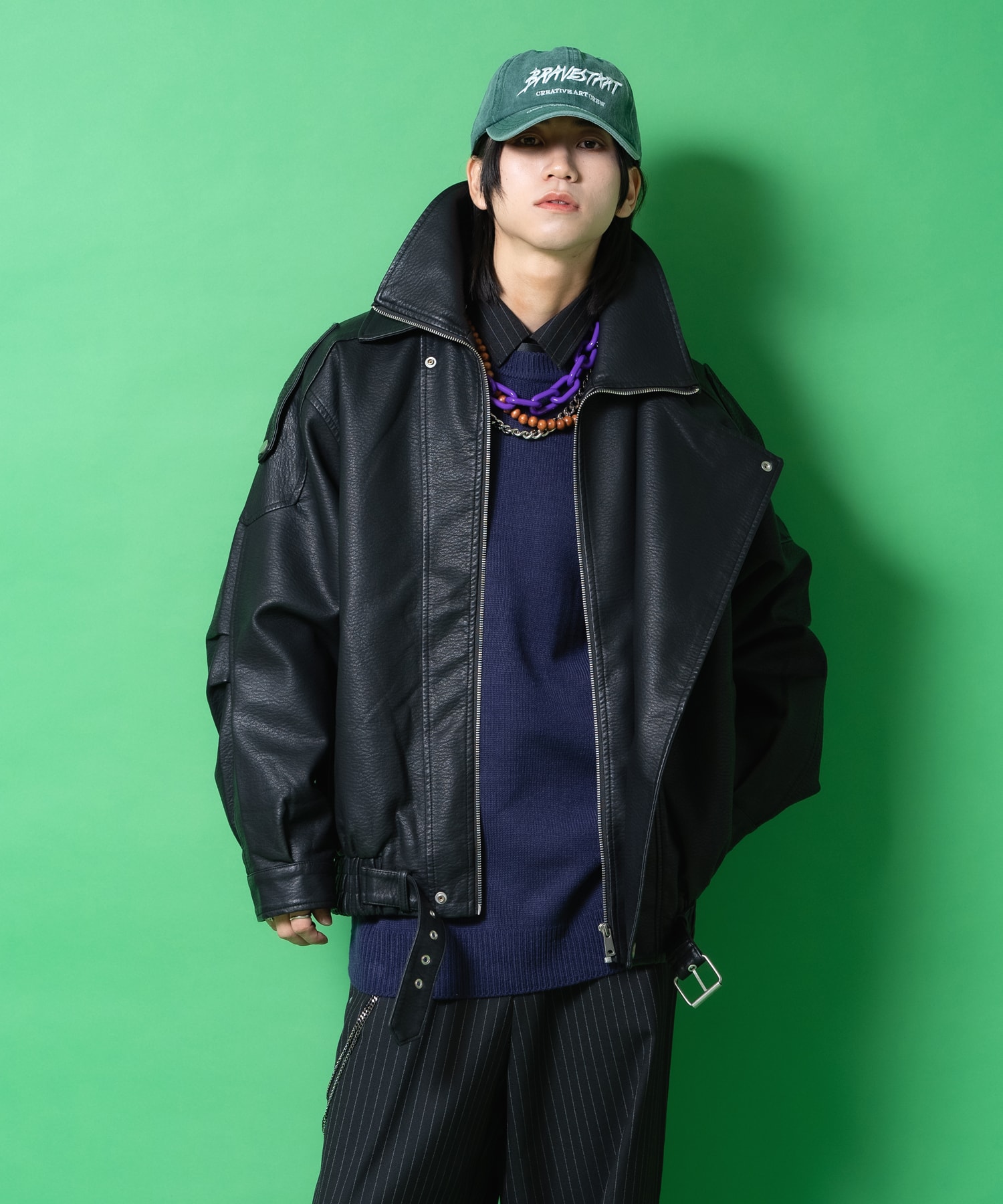 ダブルカラー合成皮革オーバーサイズアシンメトリーラペルダブル