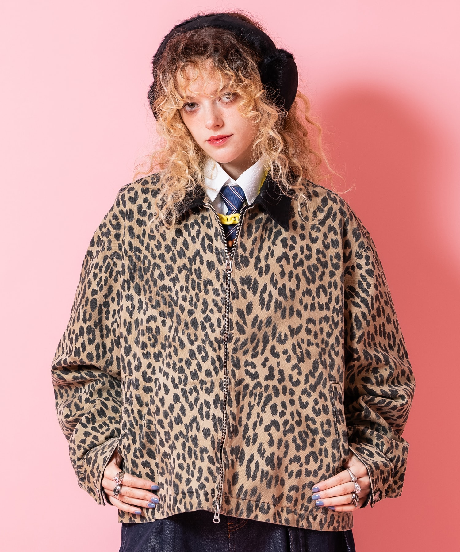 a.p.o.v. ブラック襟切替レオパードコットン短丈ワークジャケット