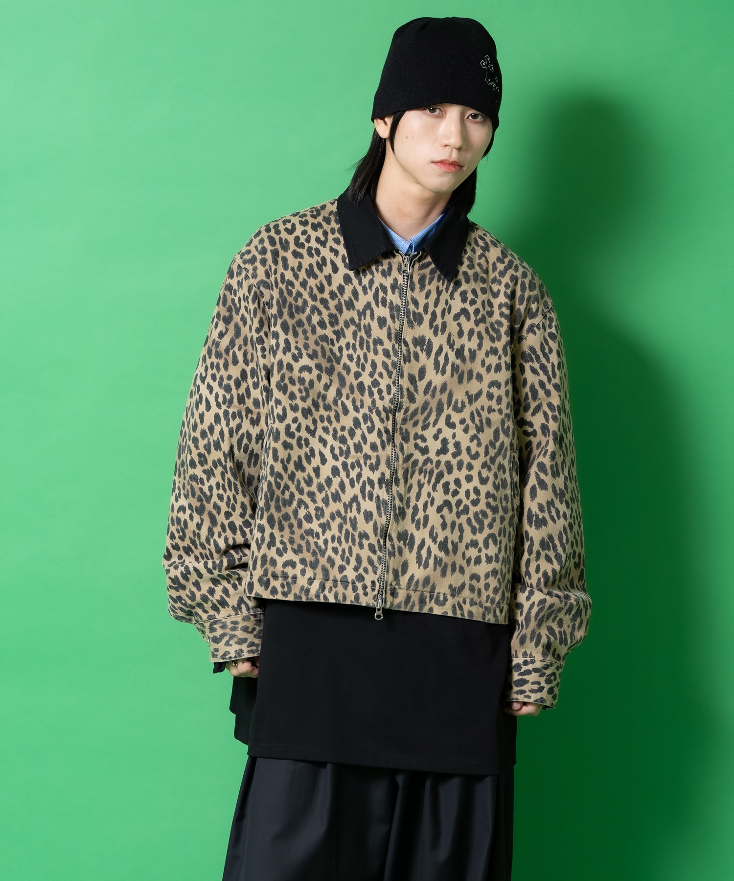 ブラック襟切替レオパードコットン短丈ワークジャケット / ユニ