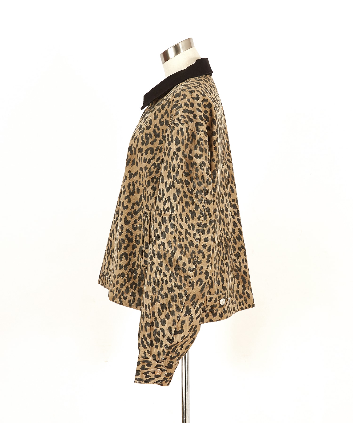 ブラック襟切替レオパードコットン短丈ワークジャケット / ユニ