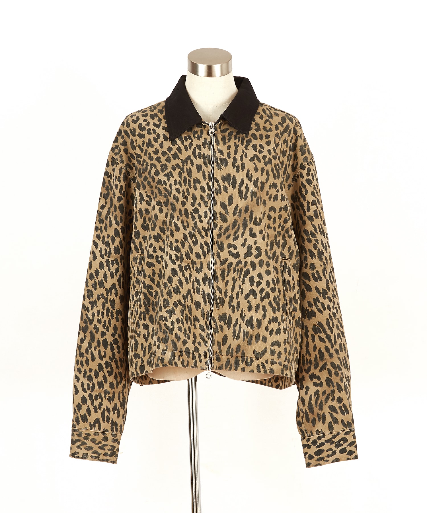 ブラック襟切替レオパードコットン短丈ワークジャケット / ユニ