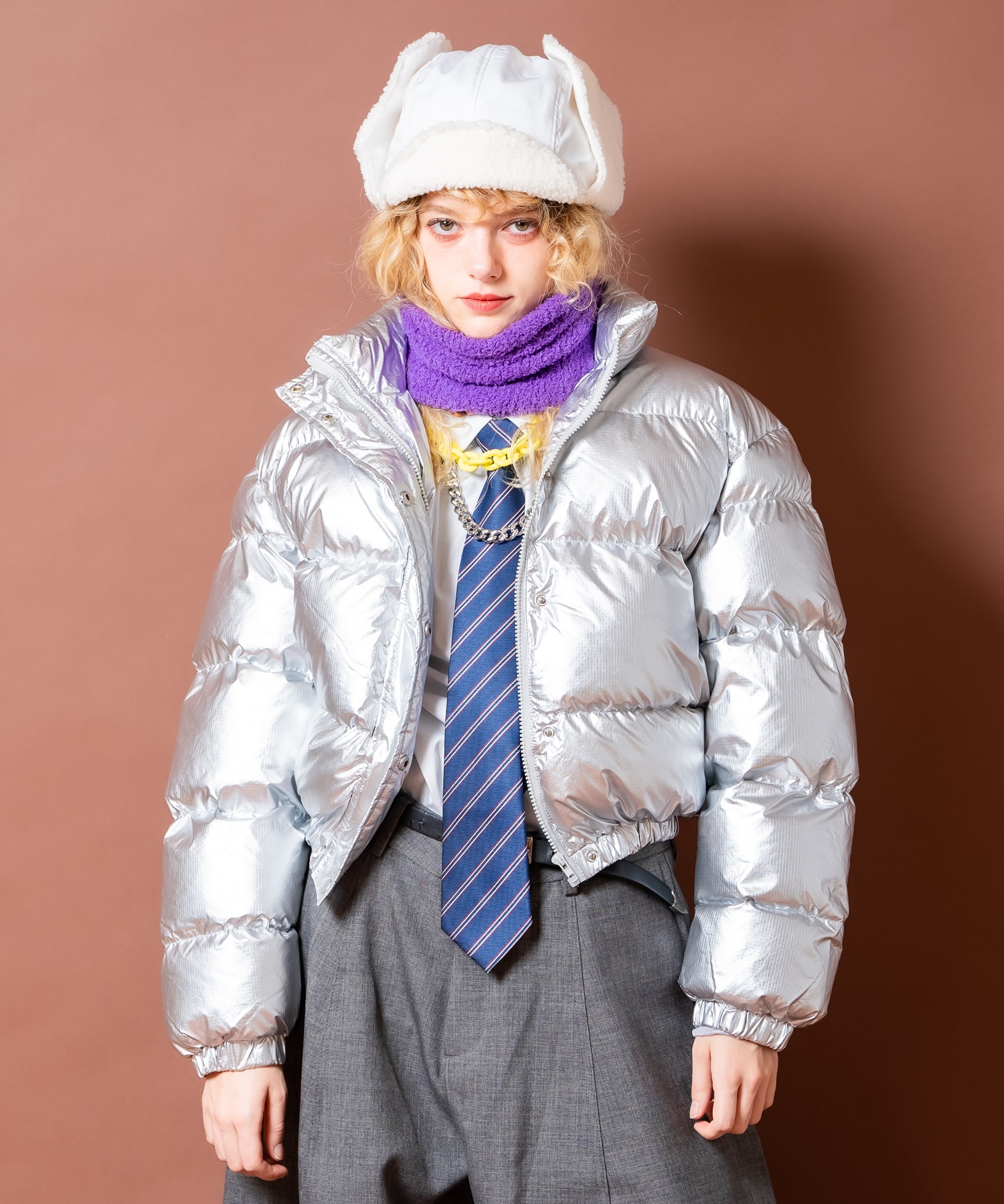 a.p.o.v. メタリックリップストップクロップド中綿ジャケット