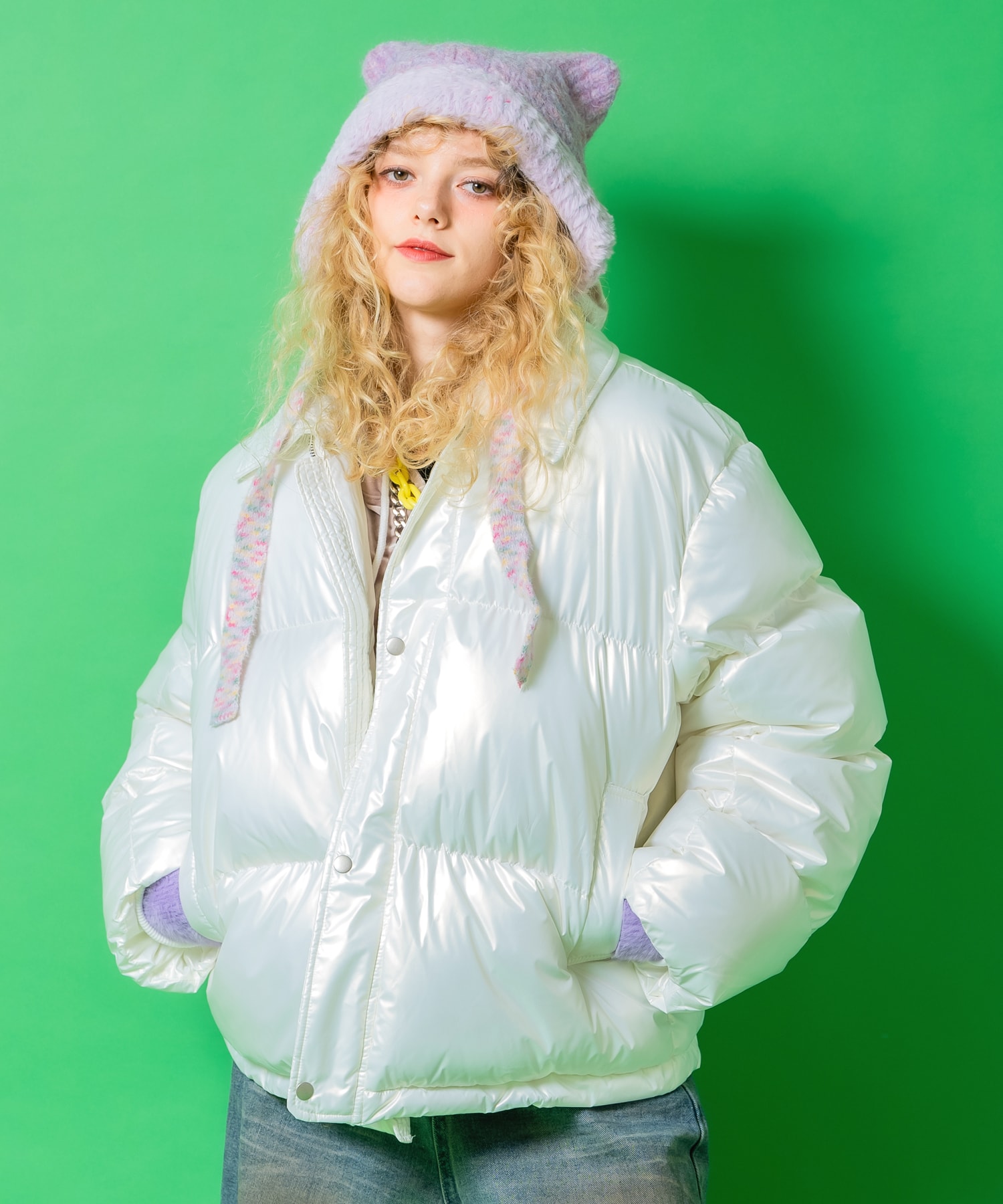 a.p.o.v. シャイニーポリ襟付きクロップド中綿ジャケット