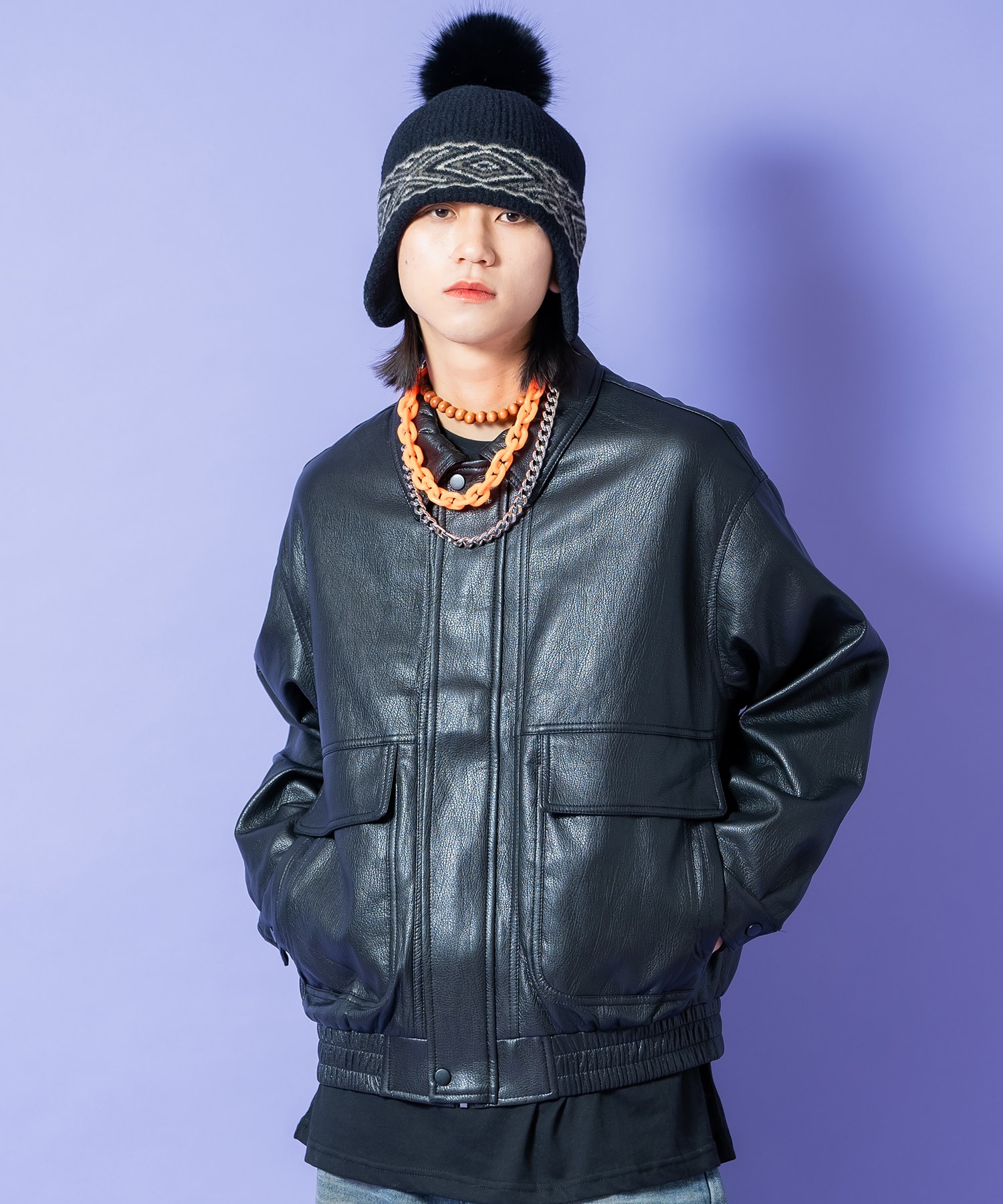 ヴィンテージ加工合成皮革オーバーサイズ比翼ブルゾンA2ジャケット