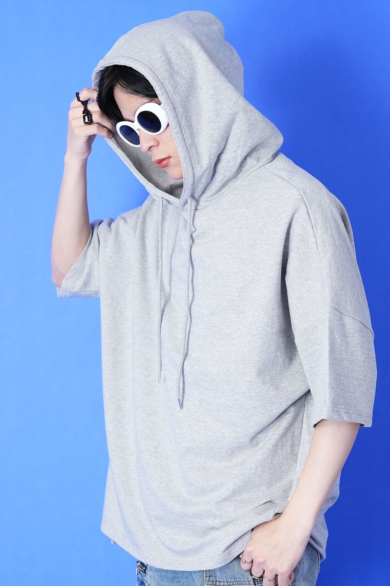 オーバーサイズ甘編み裏毛半袖パーカー / フーディー プルオーバー