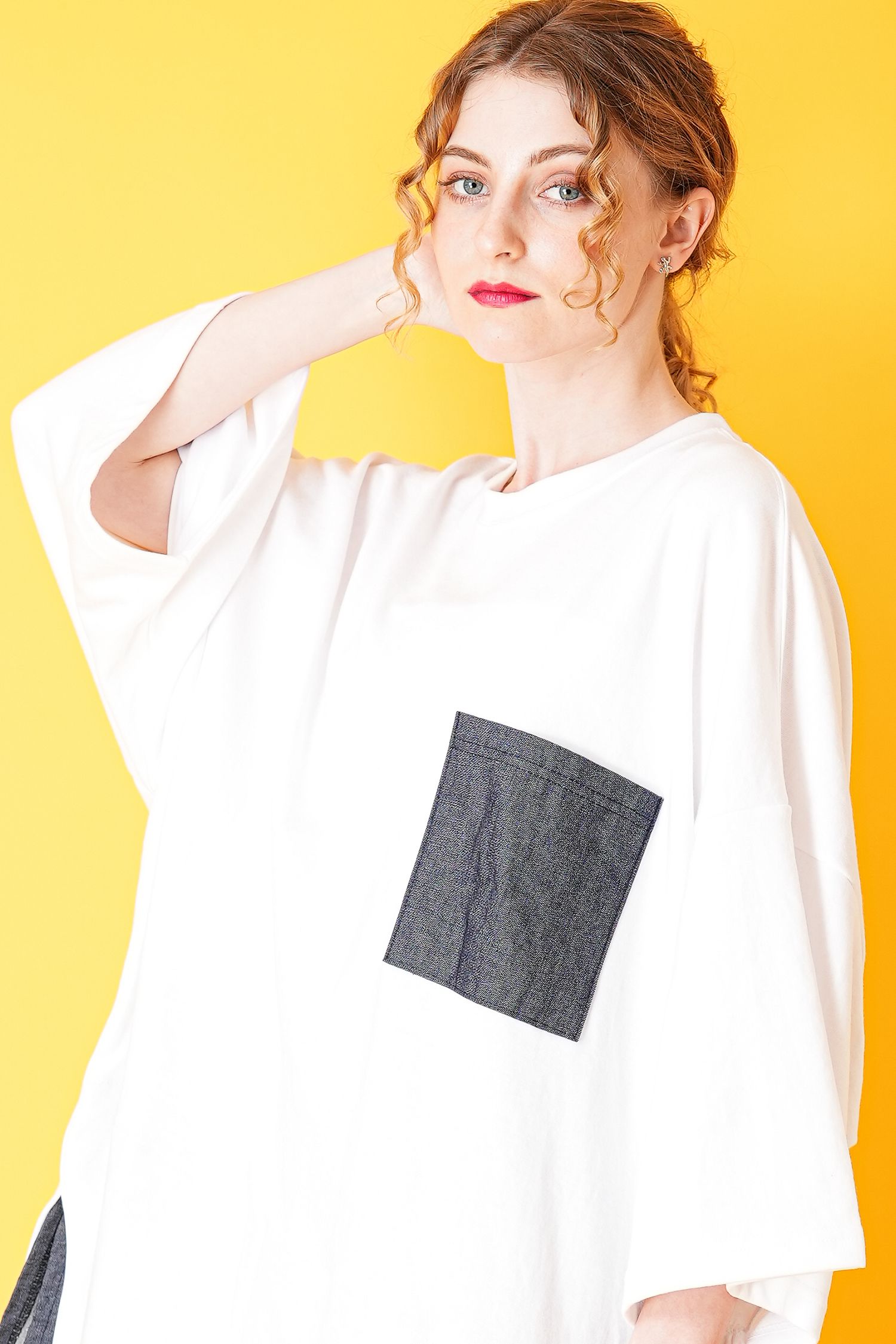 ポケット＆レイヤードデニム切替ポンチオーバーサイズTシャツ