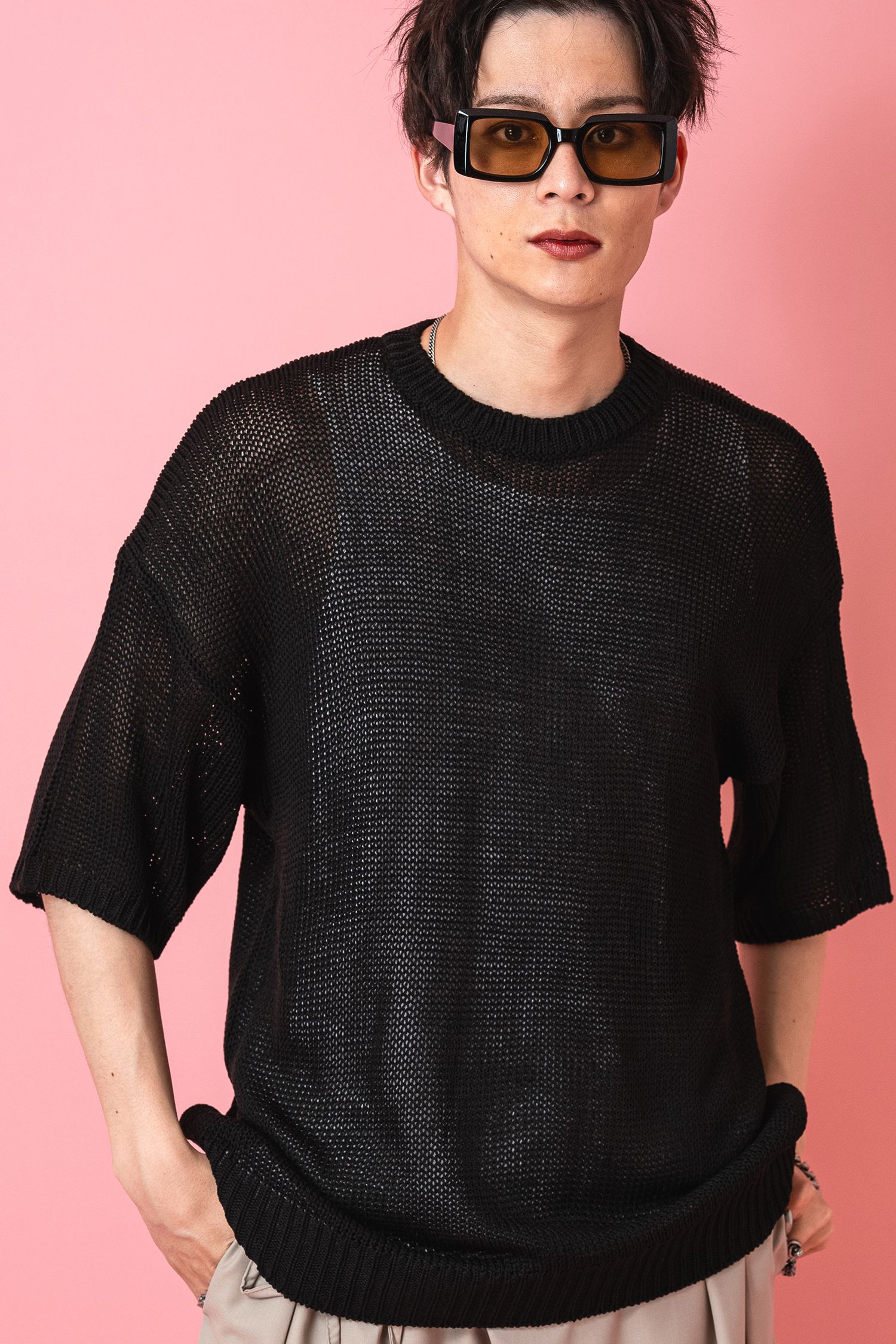 オーバーサイズローゲージニットTシャツ / 半袖 カットソー メンズ