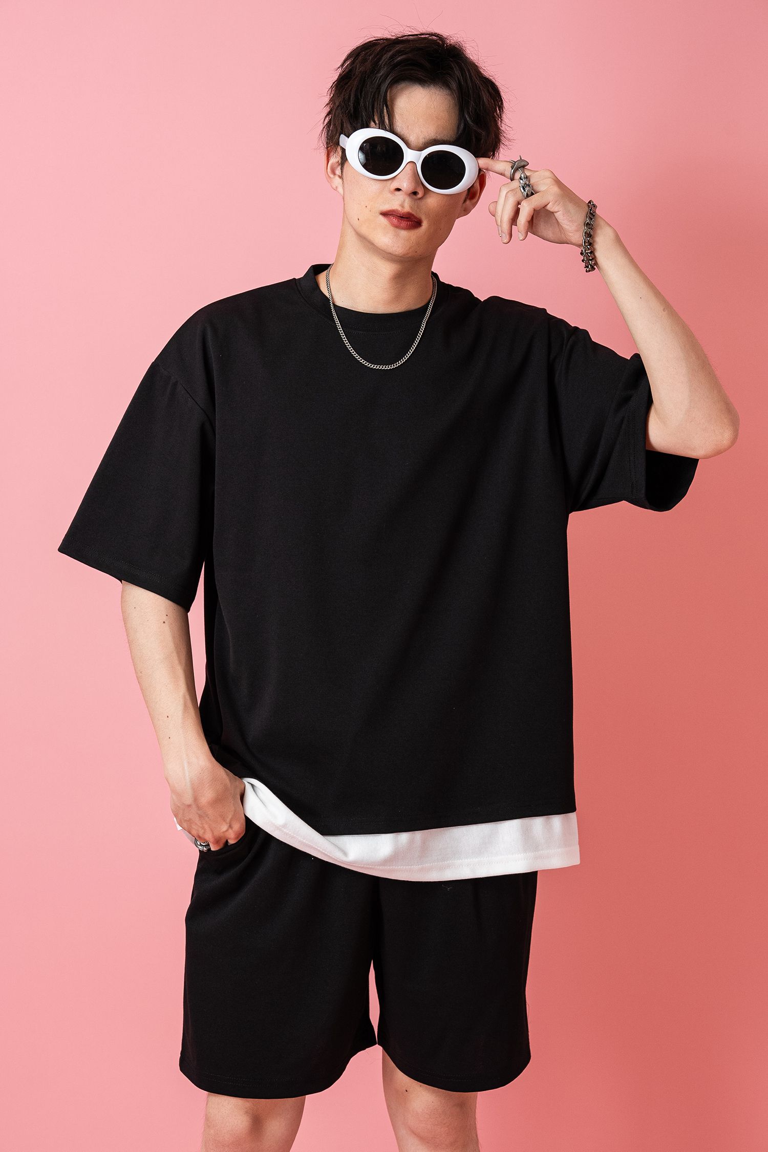 フェイクレイヤーTシャツ＆ショートパンツセットアップ / メンズ