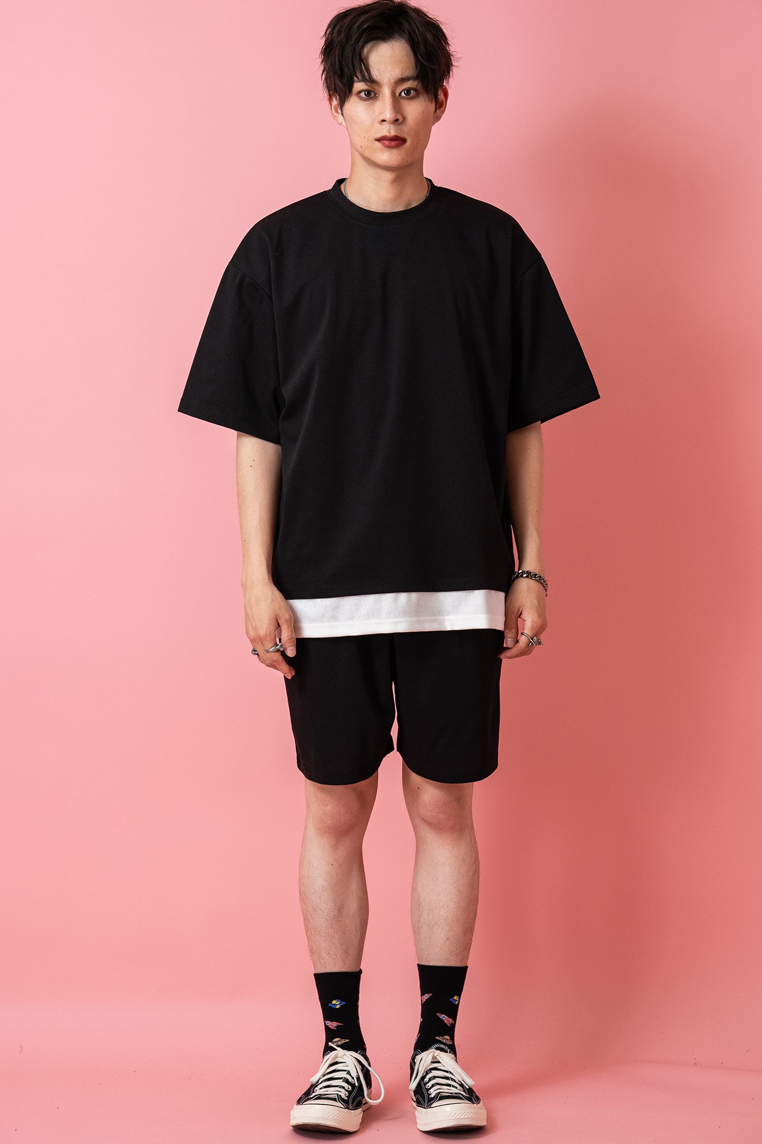 フェイクレイヤーTシャツ＆ショートパンツセットアップ / メンズ