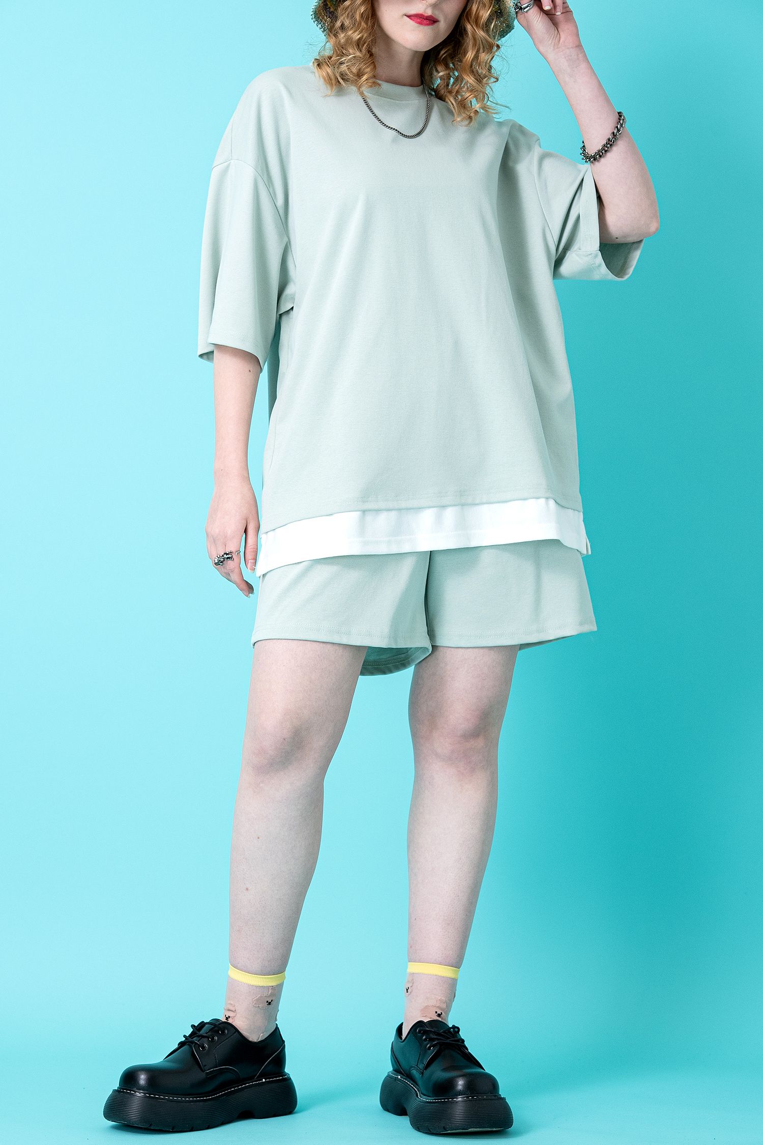 フェイクレイヤーTシャツ＆ショートパンツセットアップ / メンズ