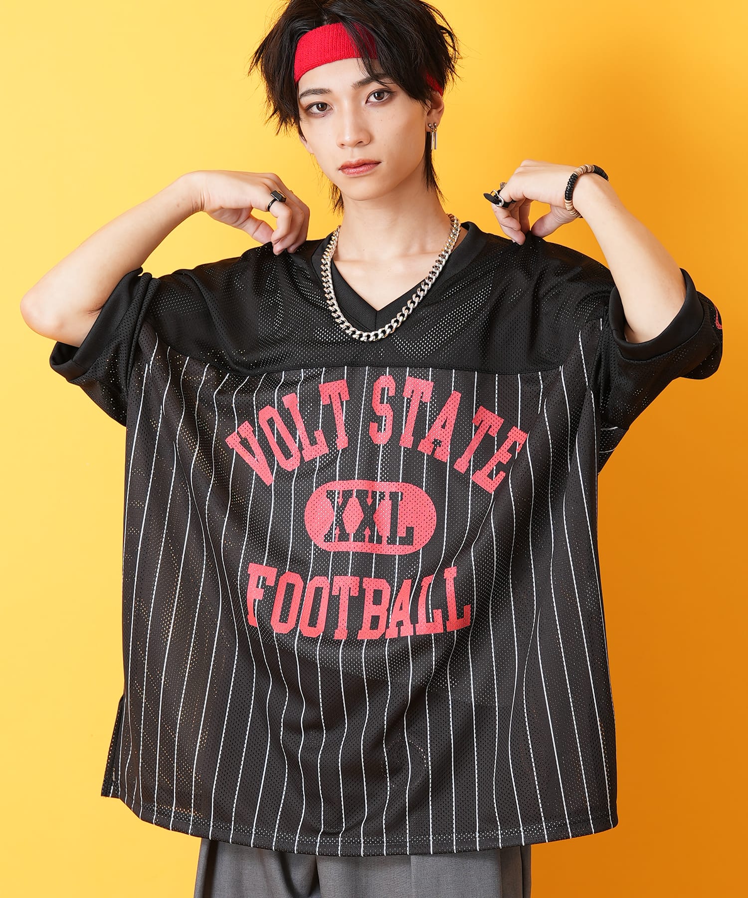 レトロロゴ＆ストライプメッシュサッカーゲームシャツ / メンズ