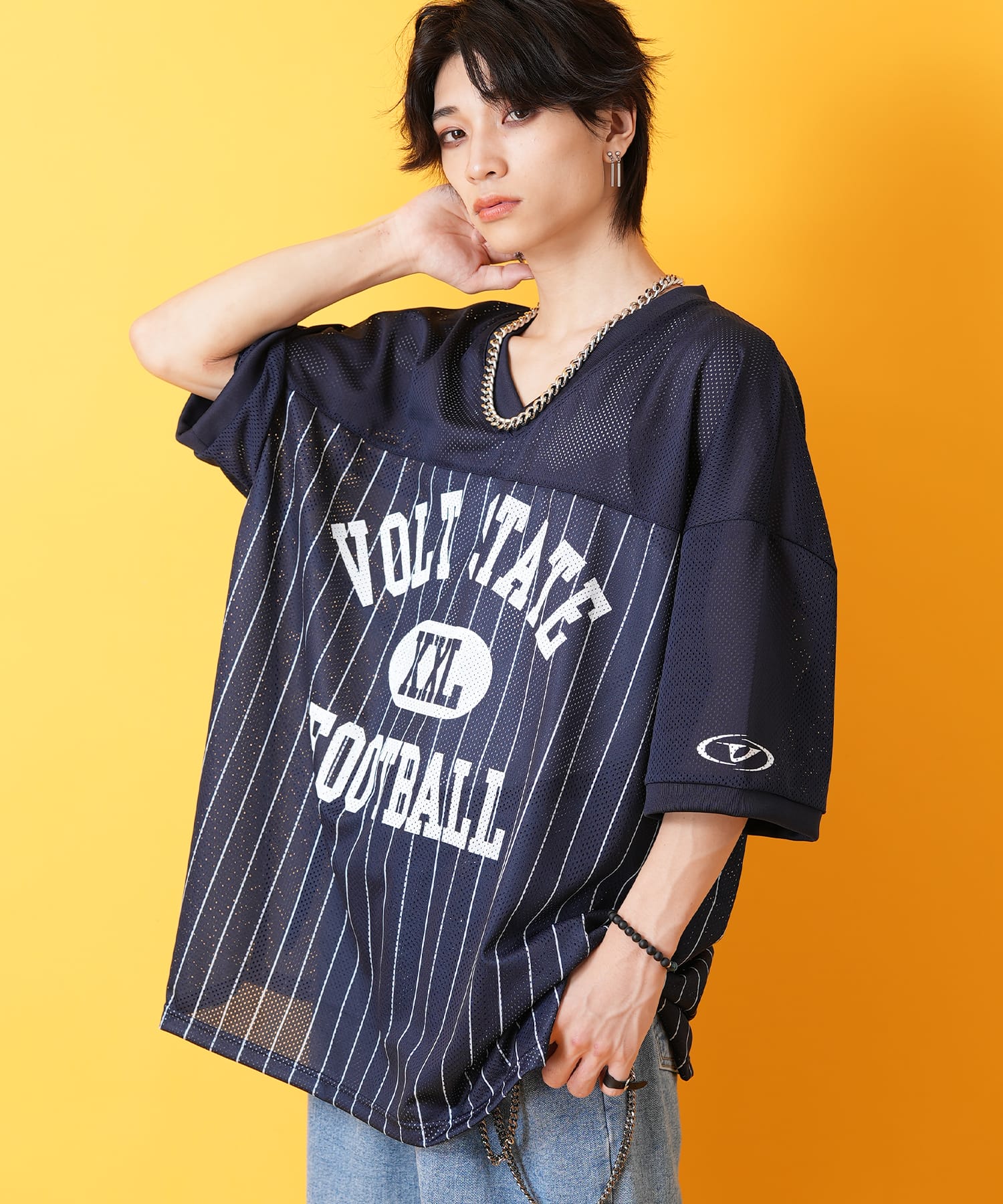 レトロロゴ＆ストライプメッシュサッカーゲームシャツ / メンズ 