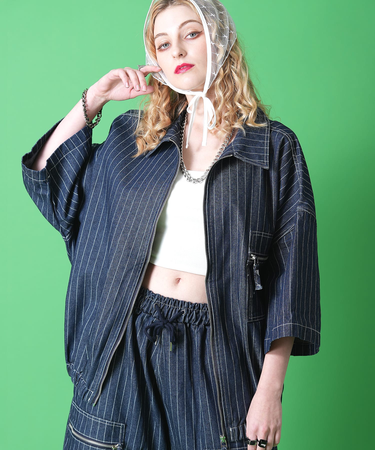 ピンストライプ半袖デニムブルゾン / 半袖ジャケット 柄