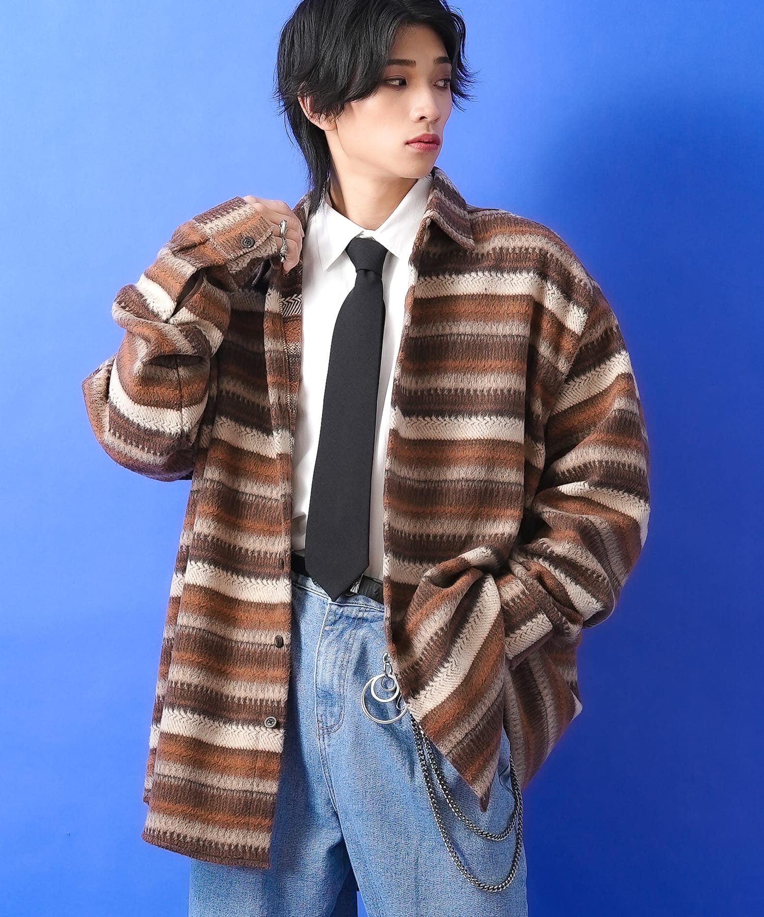 a.p.o.v.  グラデーションボーダーオーバーサイズファータッチシャツジャケット