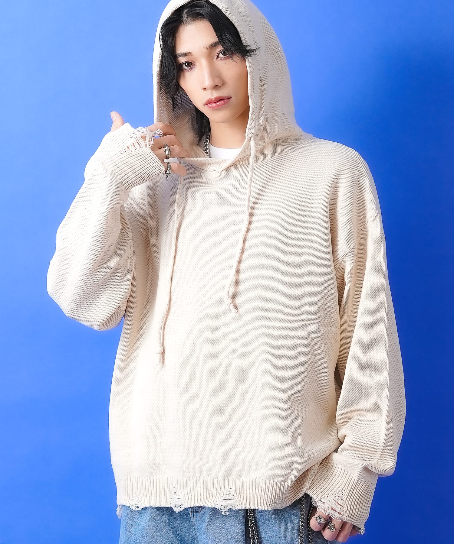 a.p.o.v.  リブダメージ指穴ニットプルオーバーパーカー