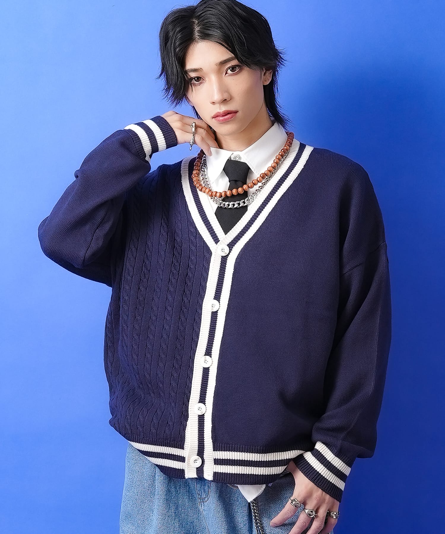 a.p.o.v. -ankoROCK's select- アシンメトリー編み模様チルデンニットVネックカーディガン 