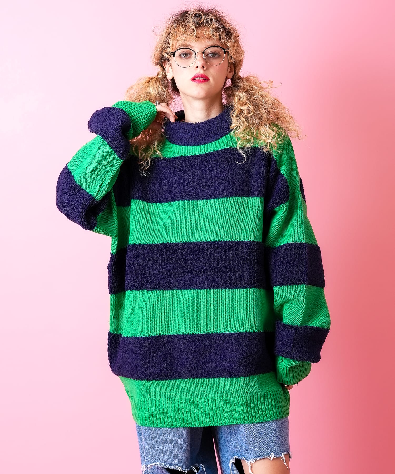 3Dパイルボアボーダーモックネックニットセーター / メンズ