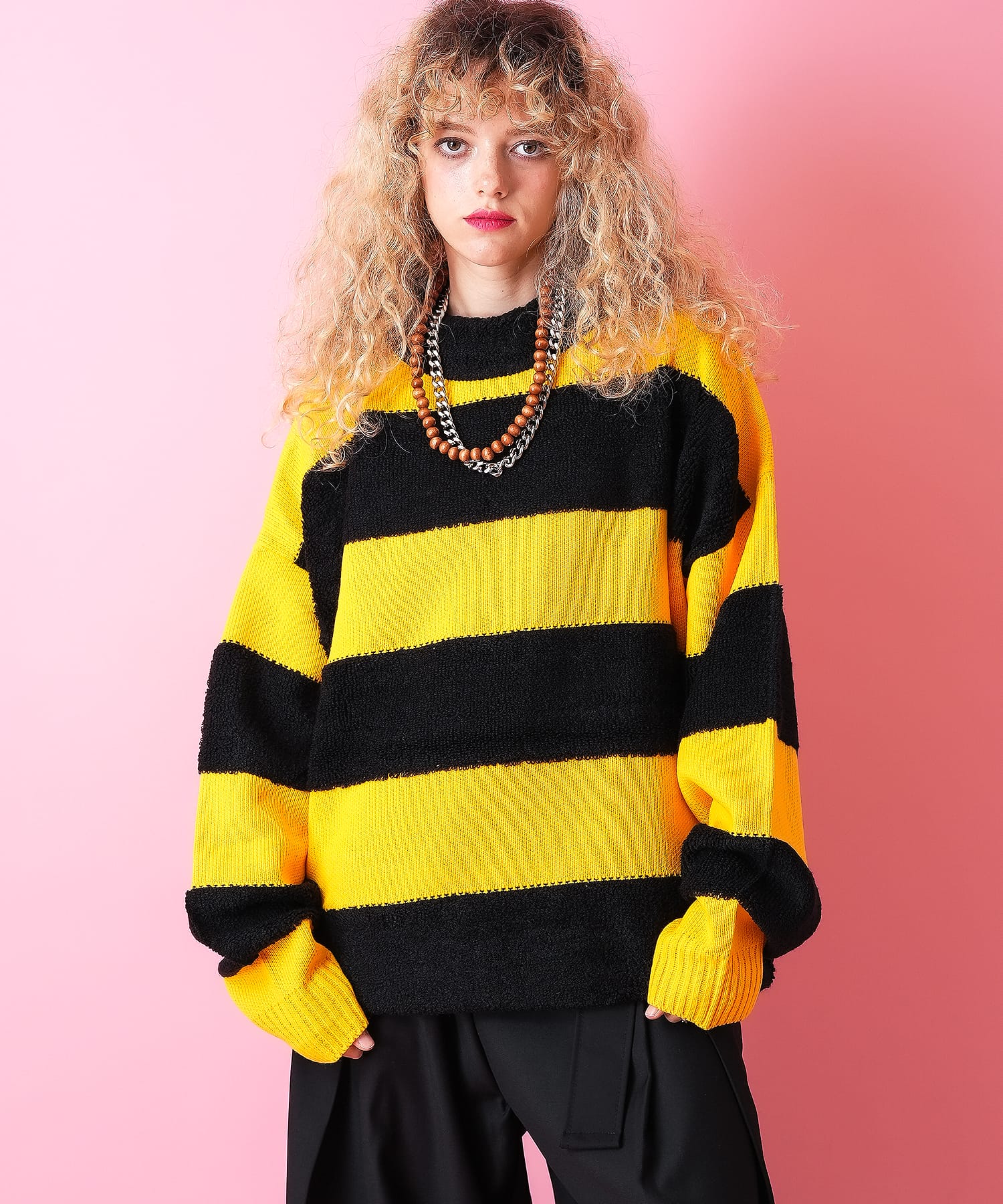 3Dパイルボアボーダーモックネックニットセーター / メンズ