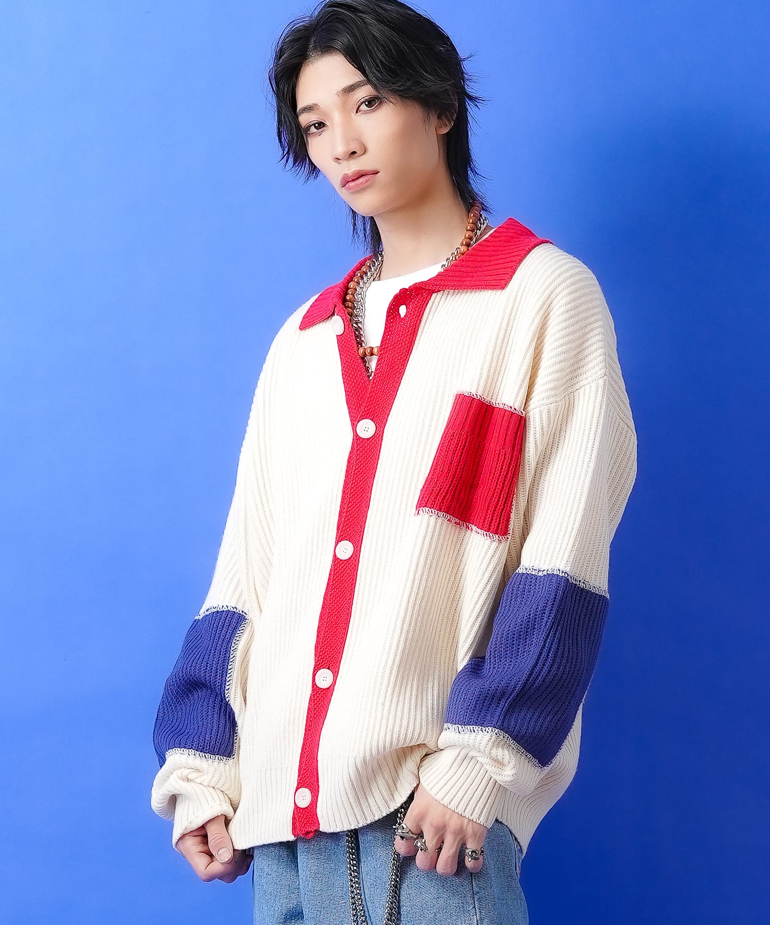 a.p.o.v.  ブロック配色切り替えニット襟付きカーディガン