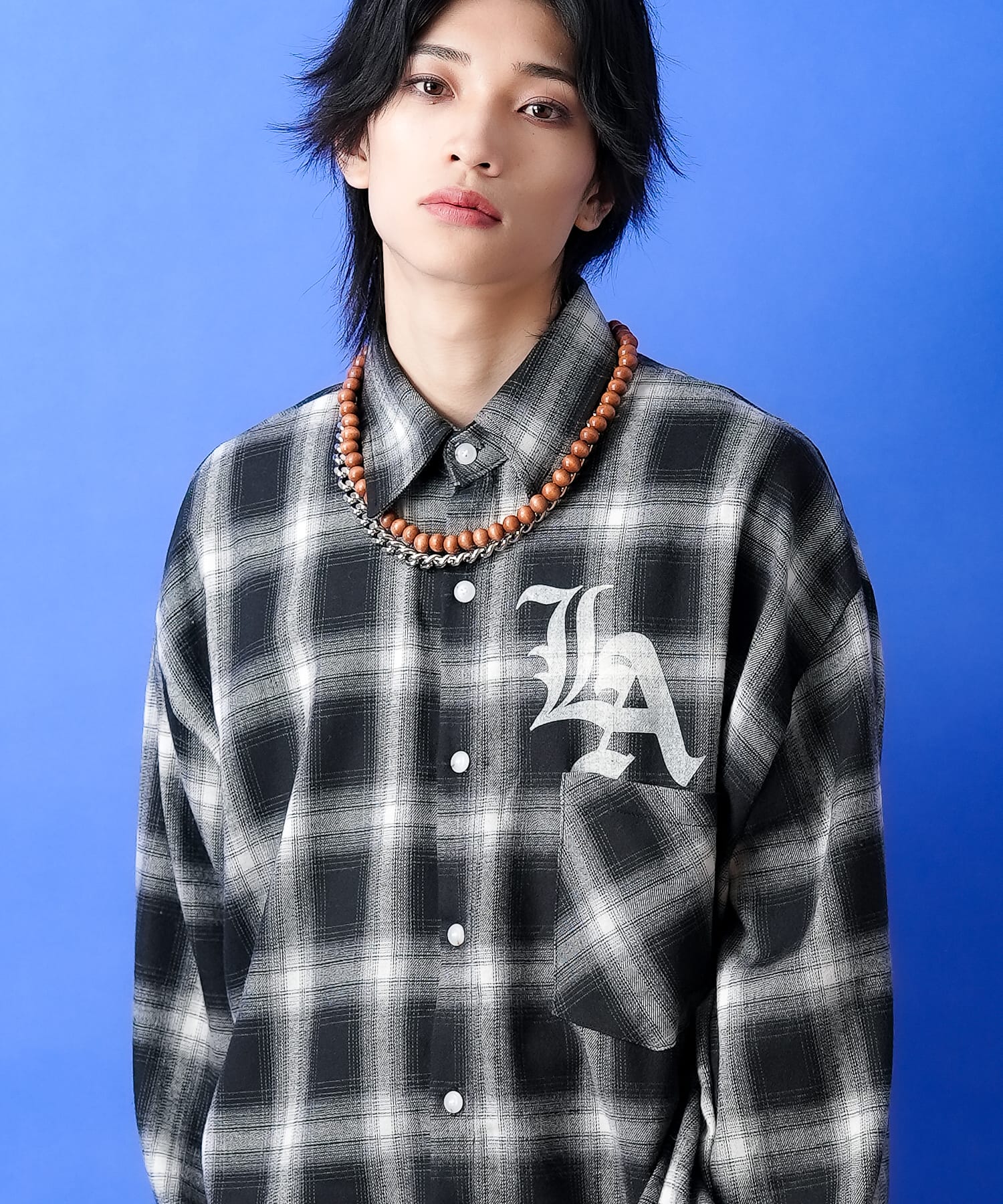 【期間限定 5％OFF】 a.p.o.v. -ankoROCK's select- ナンバリング＆LAプリントオーバーサイズオンブレチェックネルシャツ 