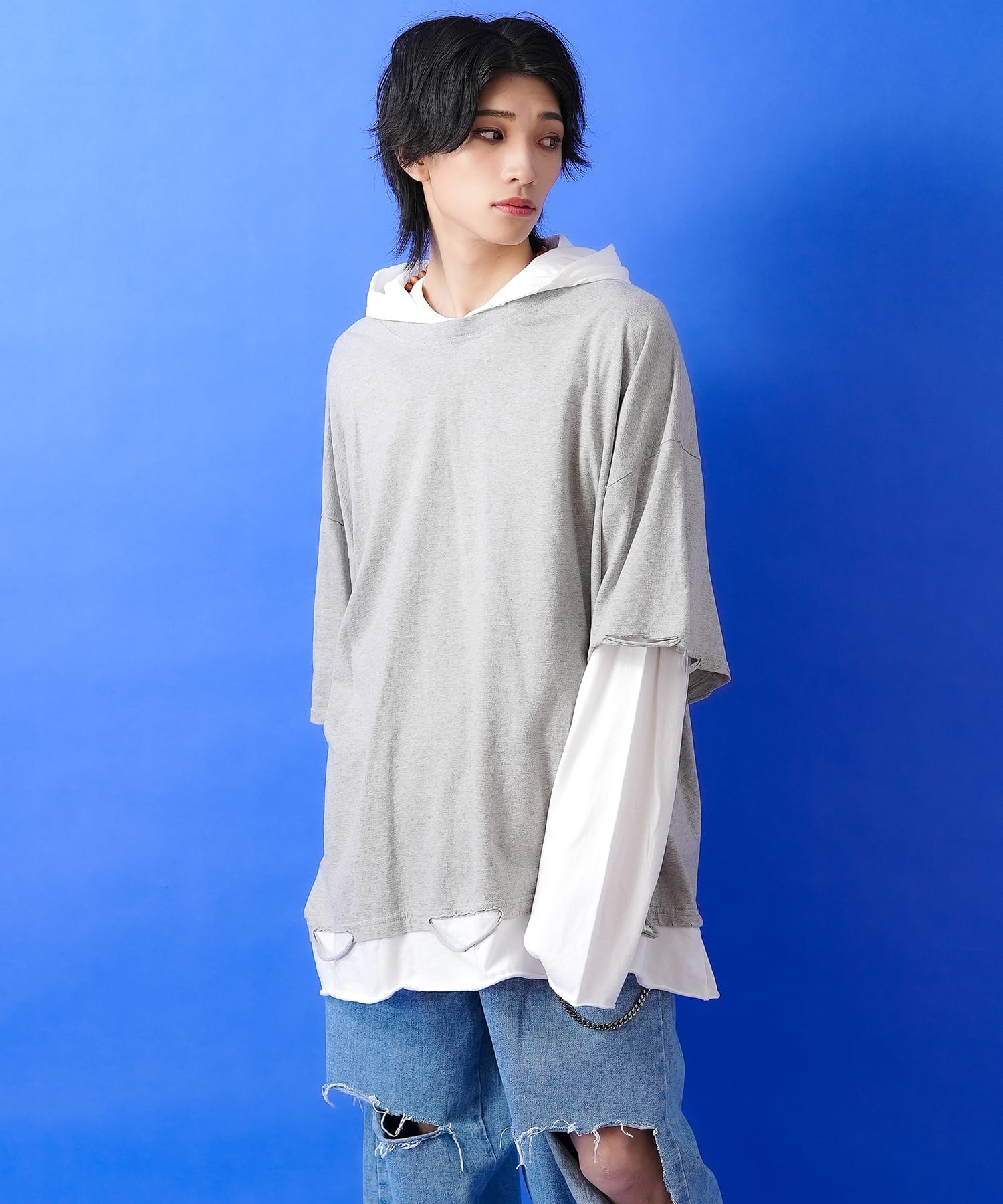 フェイクレイヤード＆ダメージフーディーカットソー / メンズ