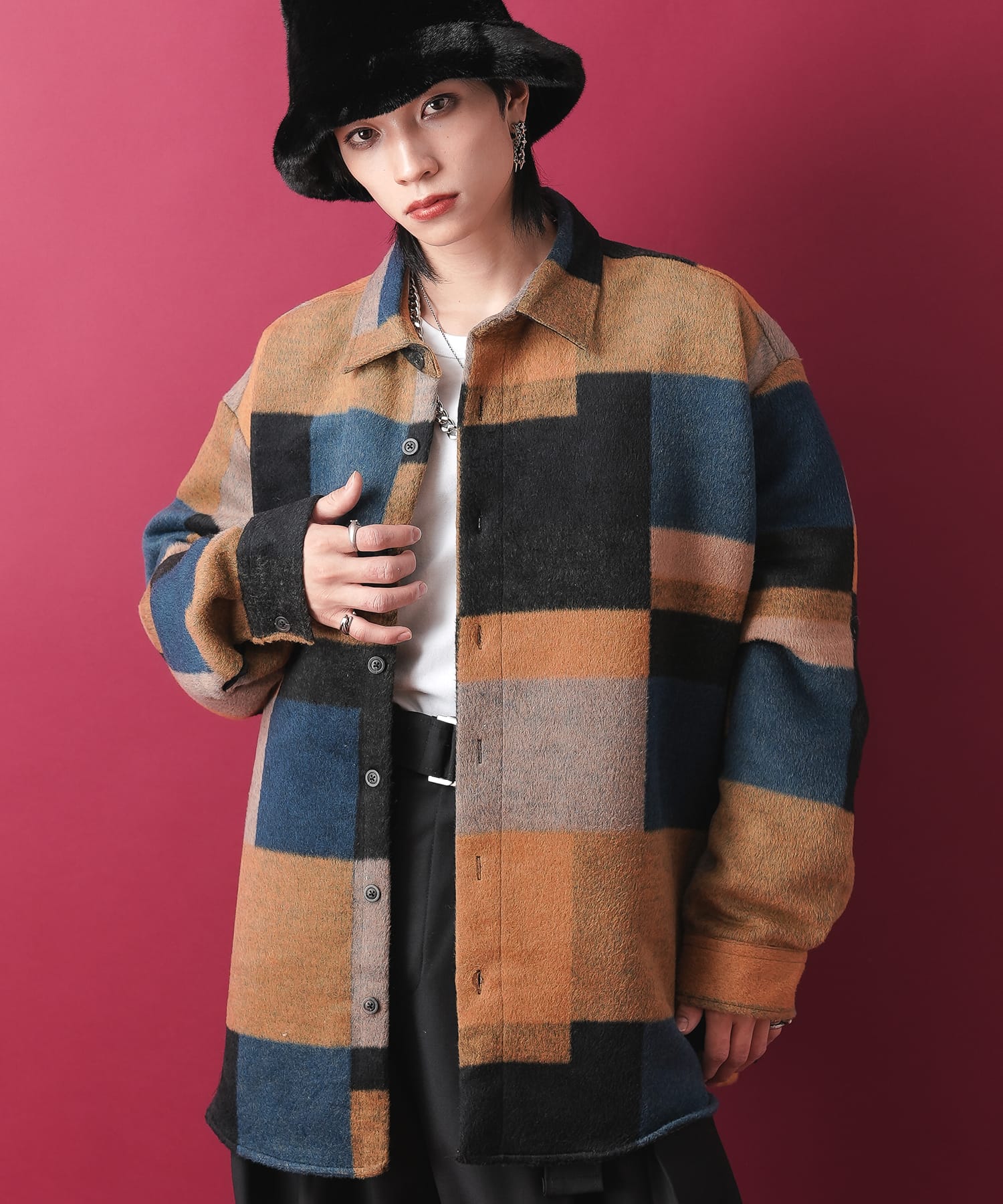 【期間限定 5％OFF】 a.p.o.v. -ankoROCK's select- ランダムモザイクブロックチェック柄ファータッチシャツジャケット