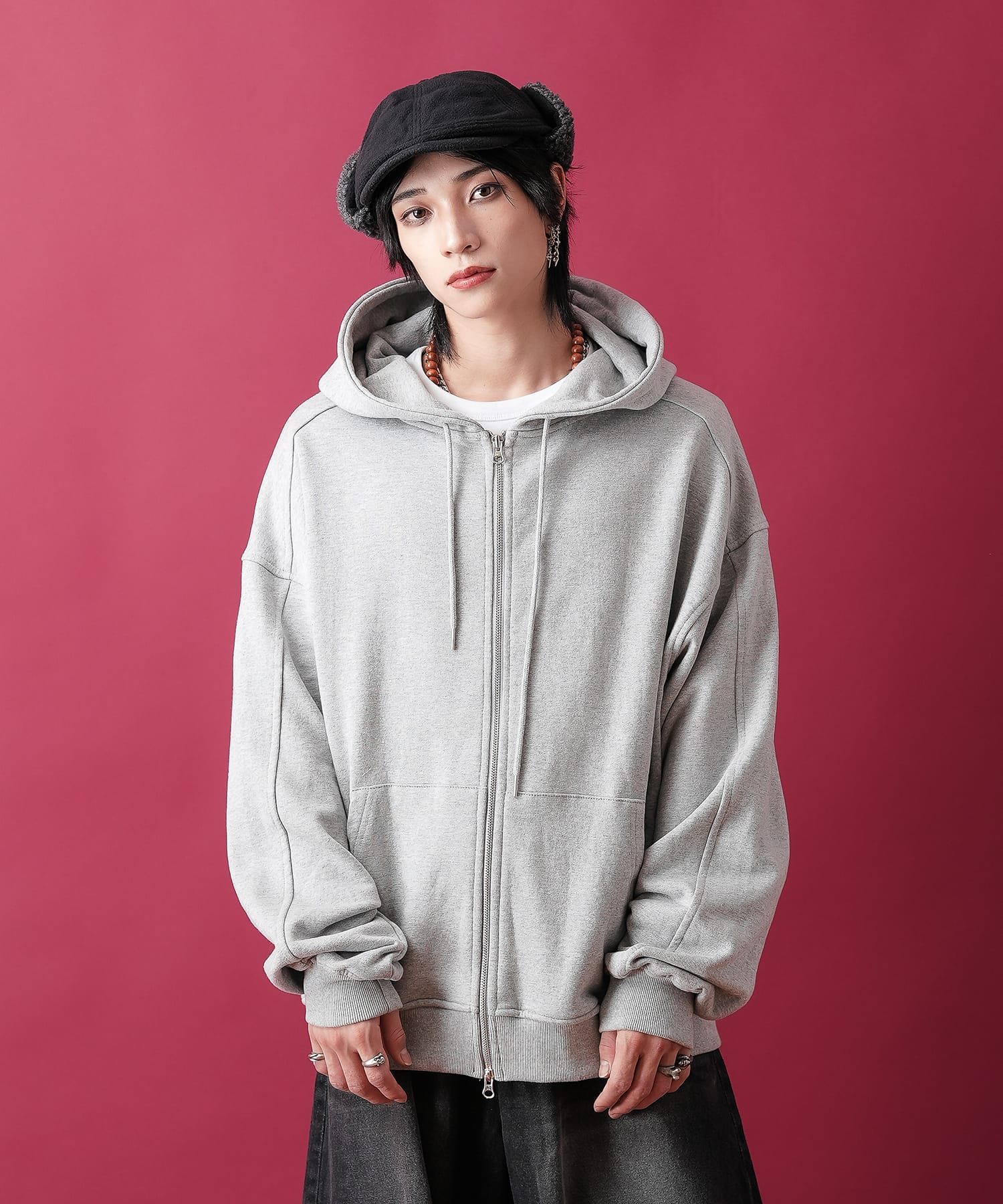 ダブルダーツドレープアームオーバーサイズスウェットジップアップ