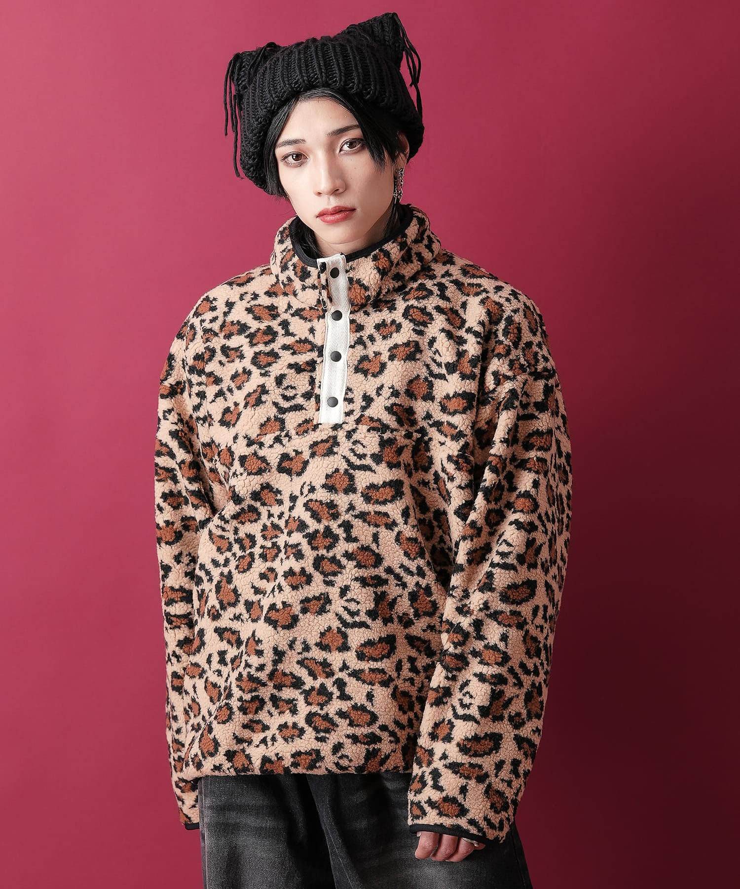 AinSophAur(アインソフオウル)Ain Force 1 MID cut Swarovski　Pattern(B-PL)Black×ピンクレオパード◆ソウルジャパン SOUL JAPAN レオパードフリースボアスタンドプルオーバー / メンズ レディース