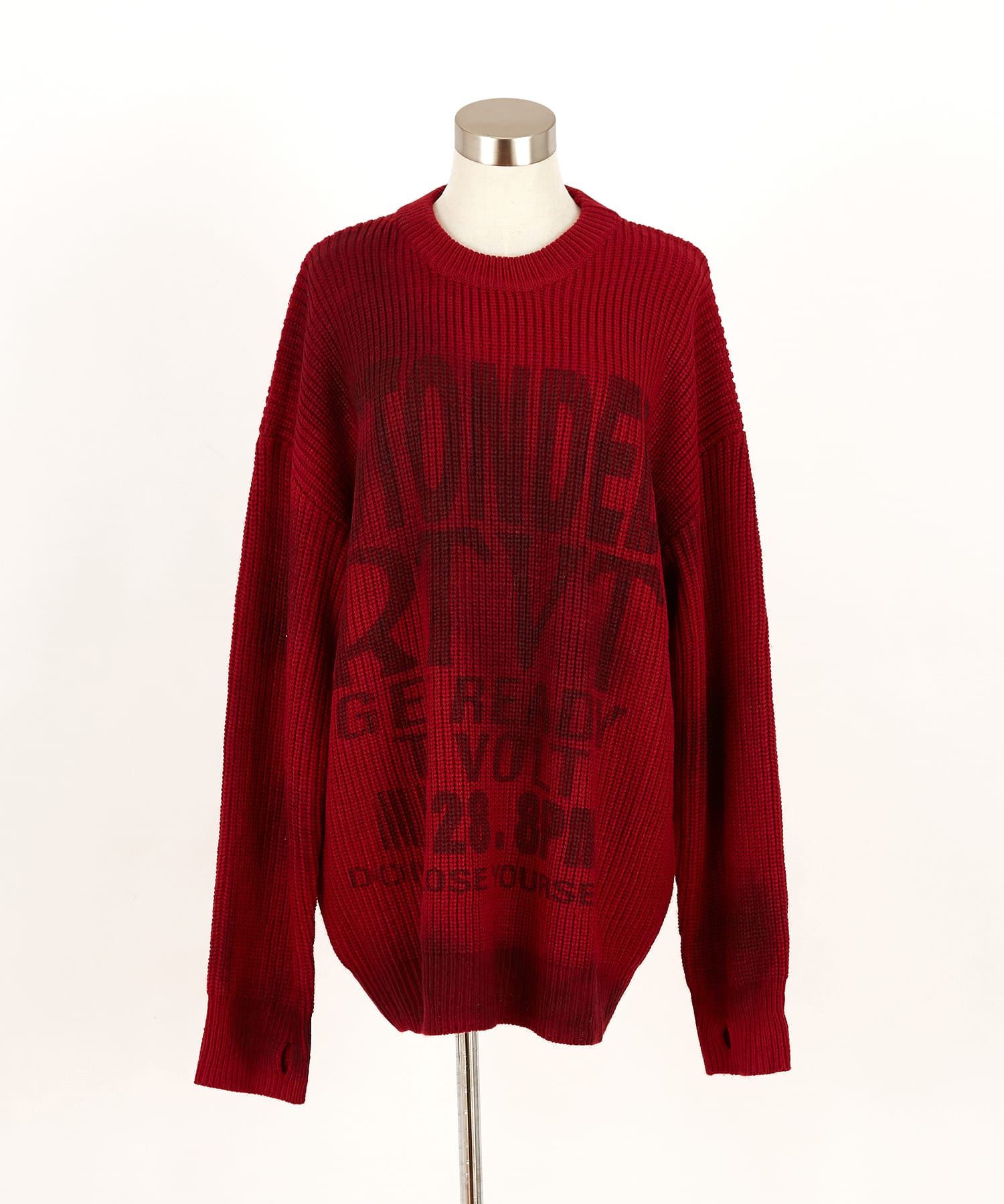 ビッグロゴ染込プリント＆ダート加工リブニット指穴スリーブセーター