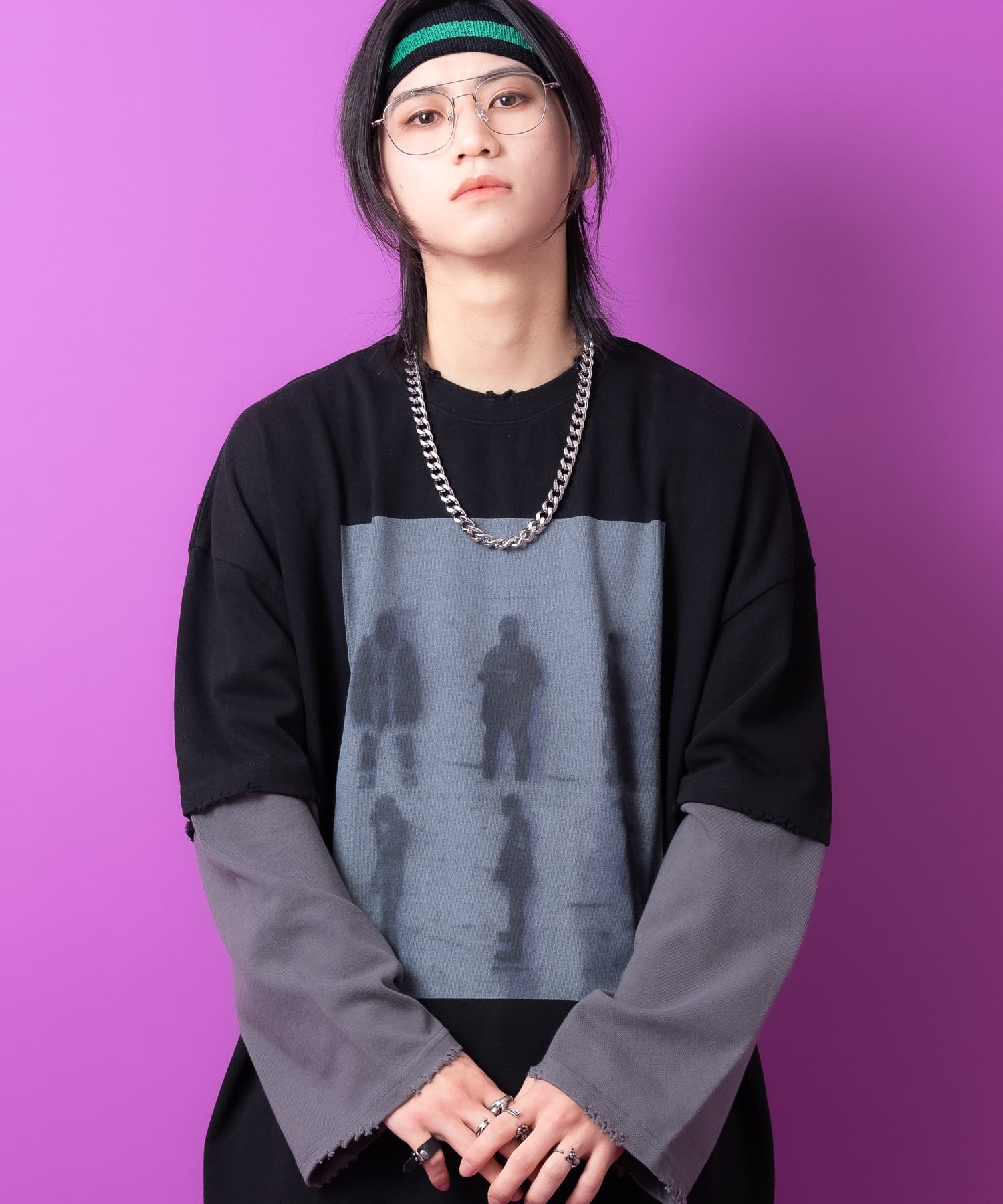 h.ANARCHY フェイクレイヤードカットソー　ダメージ加工　アーカイブ フェイクレイヤードグラフィックダメージスウェットカットソー / 長袖
