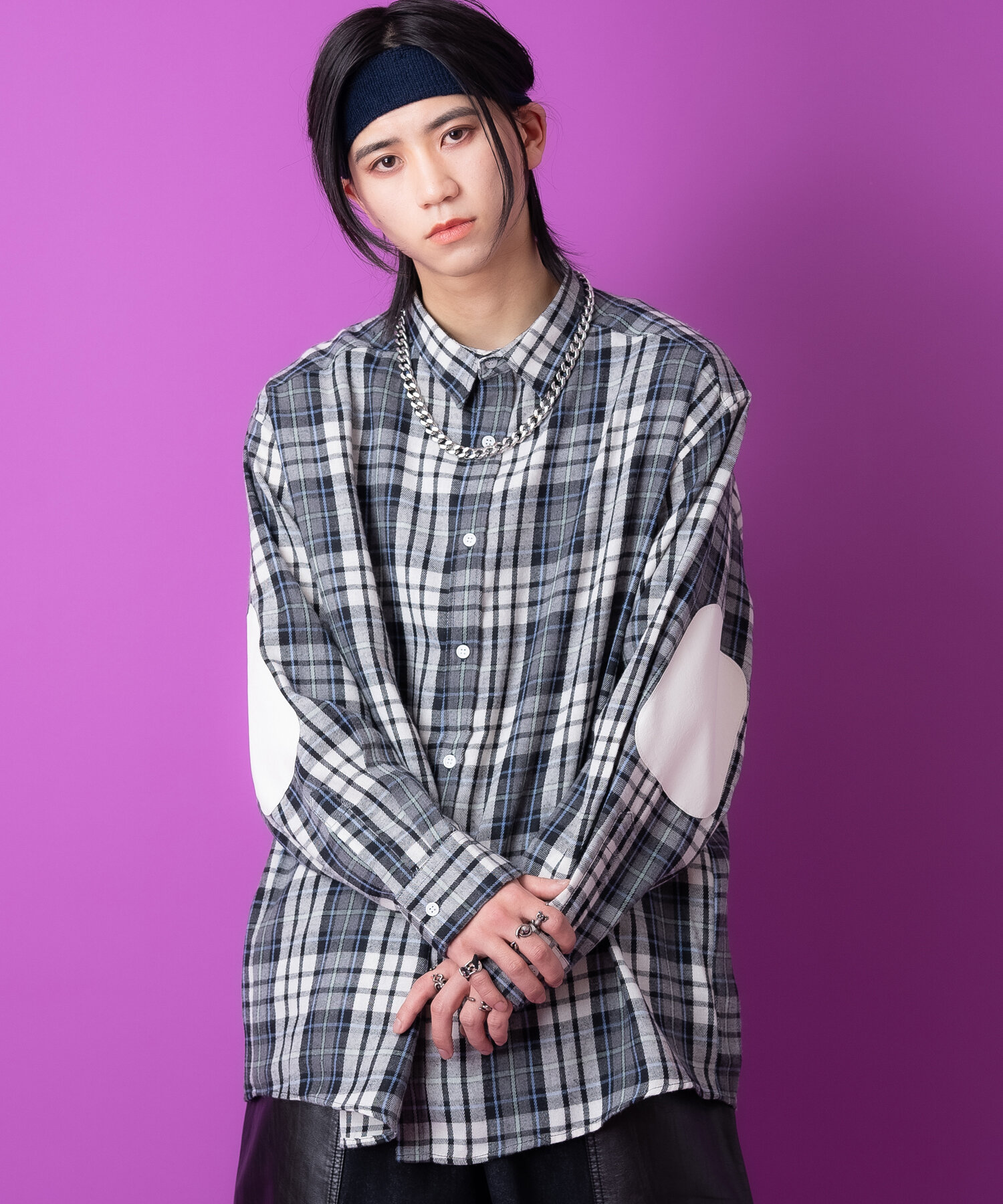 合成皮革エルボーパッチチェックネルシャツ / 長袖 ブラウス 柄 メンズ