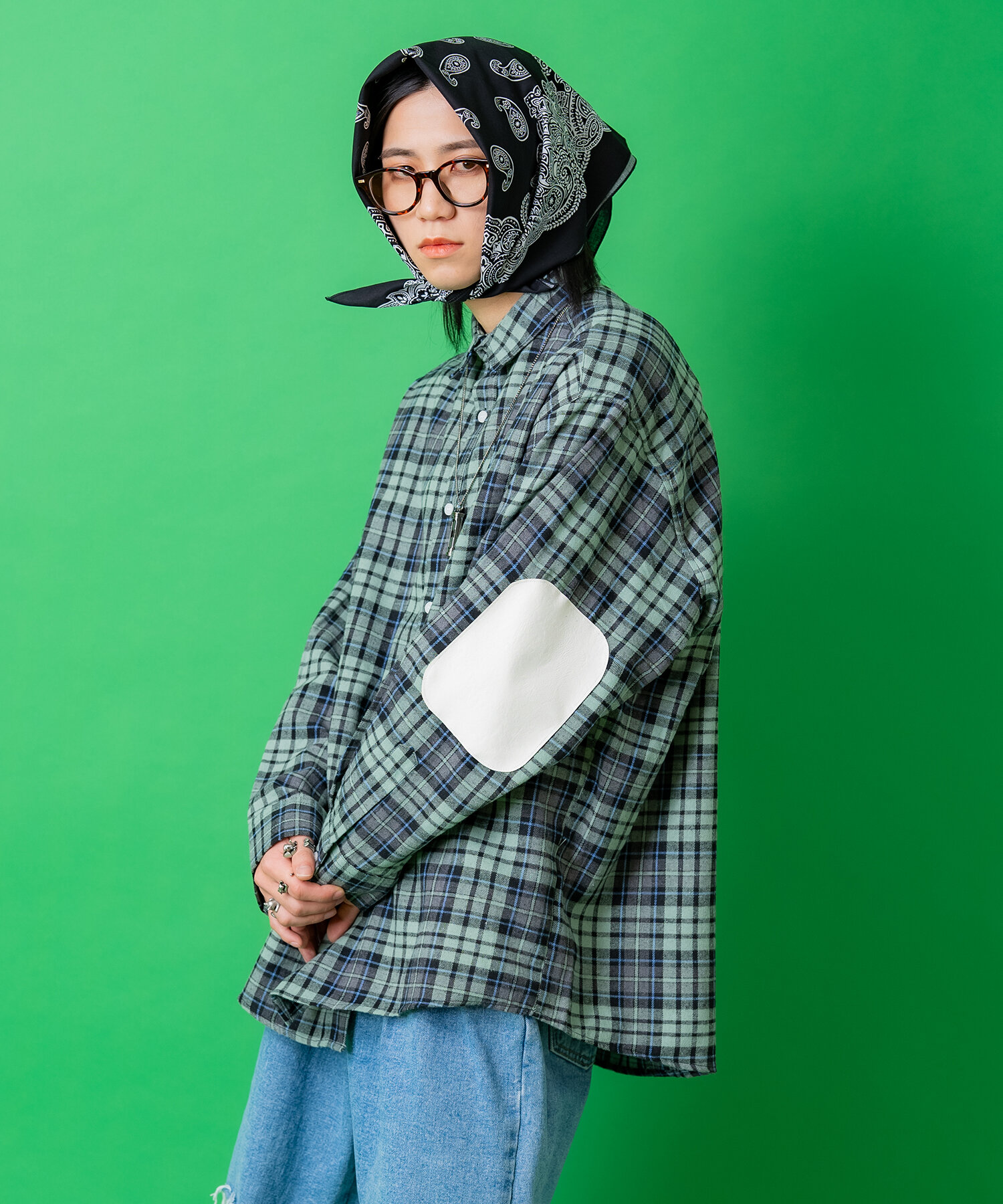 合成皮革エルボーパッチチェックネルシャツ / 長袖 ブラウス 柄 メンズ