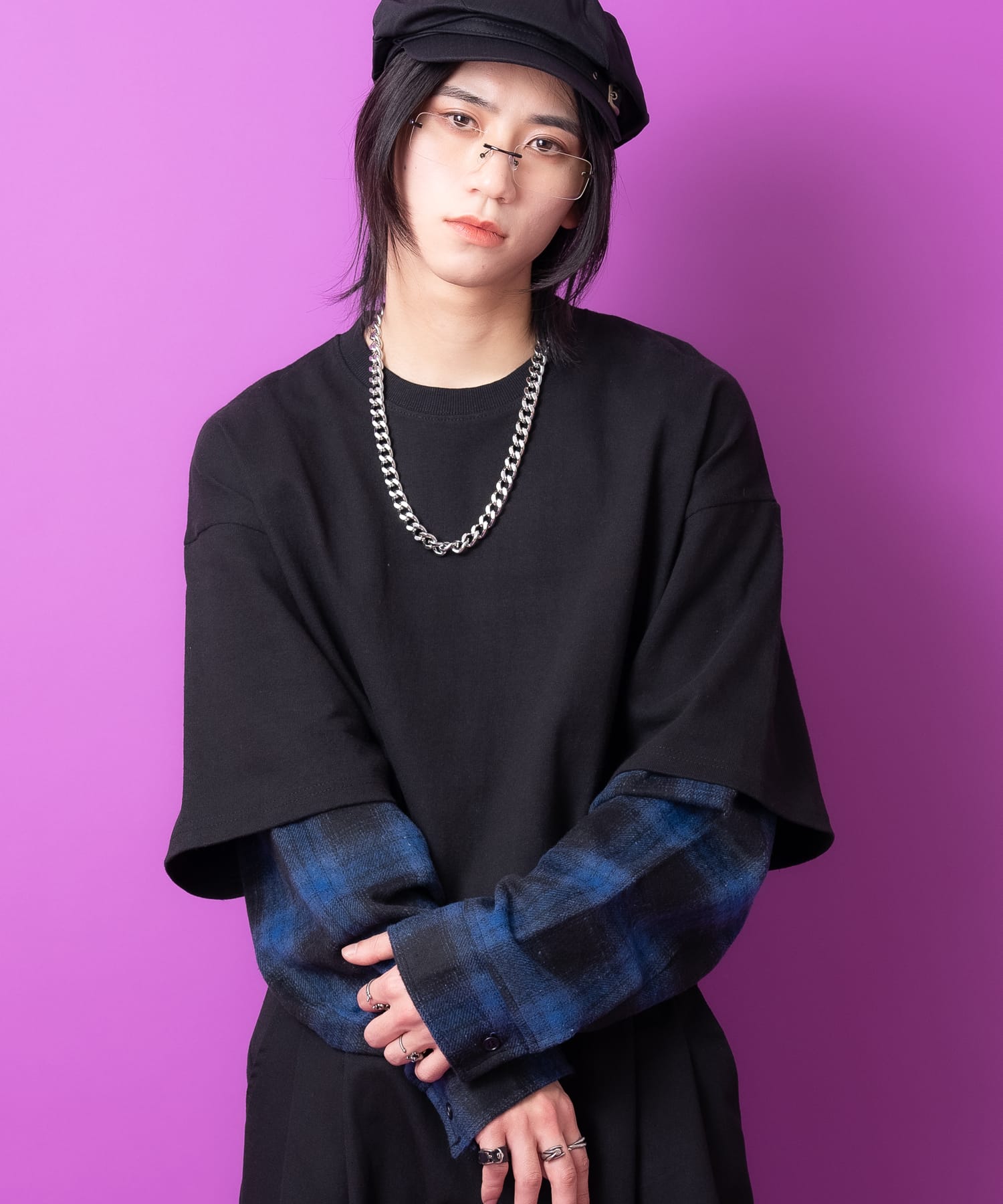 ブロックチェック柄ネルシャツアームフェイクレイヤードスウェット