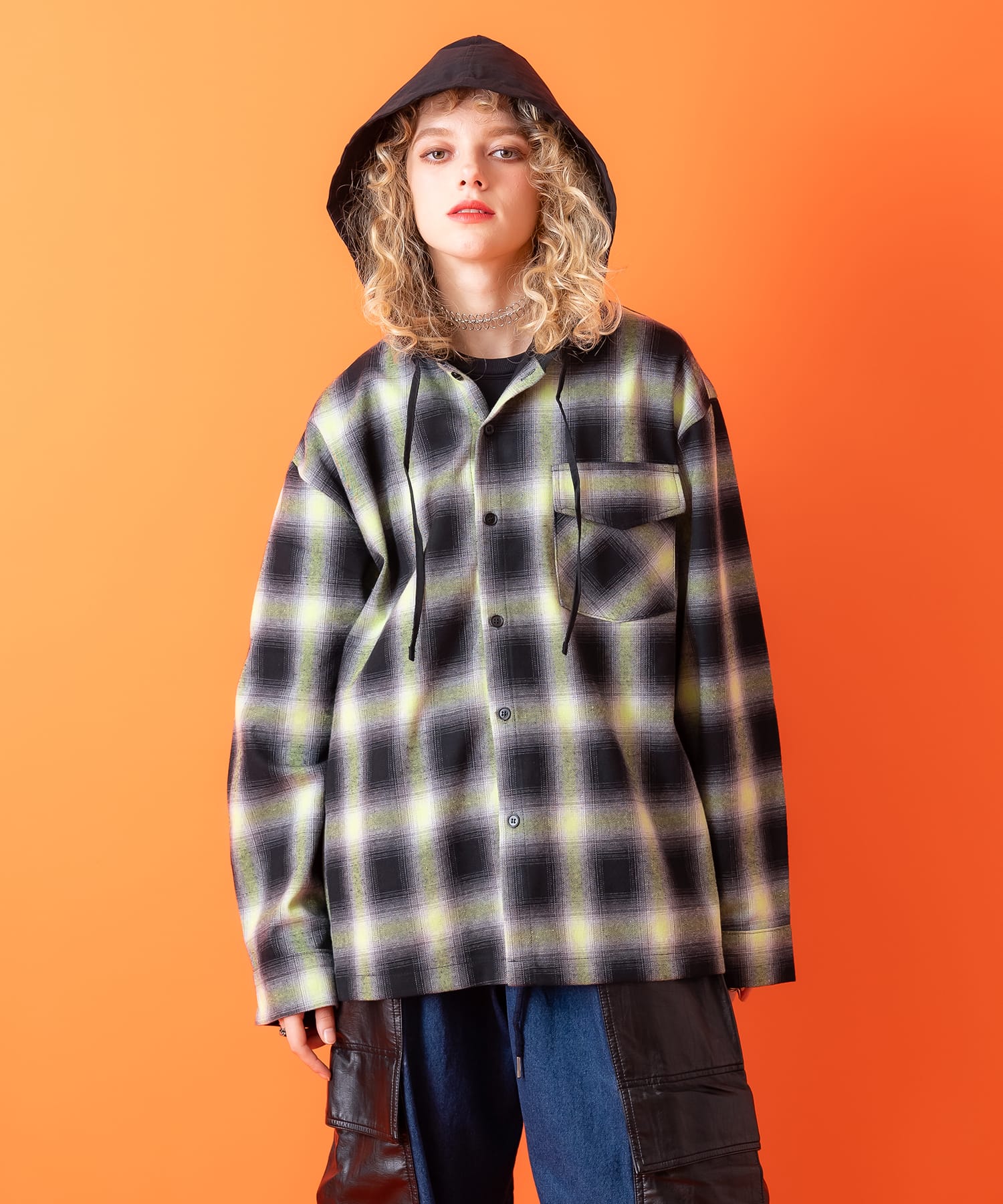 オンブレチェックフーディーネルシャツジャケット / 長袖 柄 ブラウス