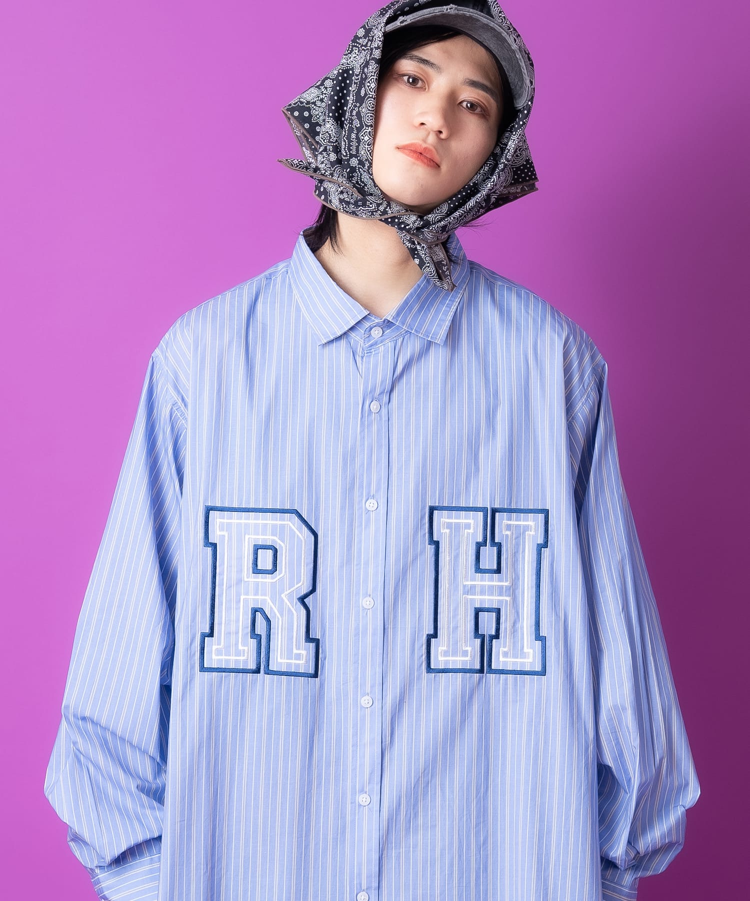 【期間限定 5％OFF】 a.p.o.v. -ankoROCK's select- ロゴ刺繍ワッペンオーバーサイズマルチストライプシャツ