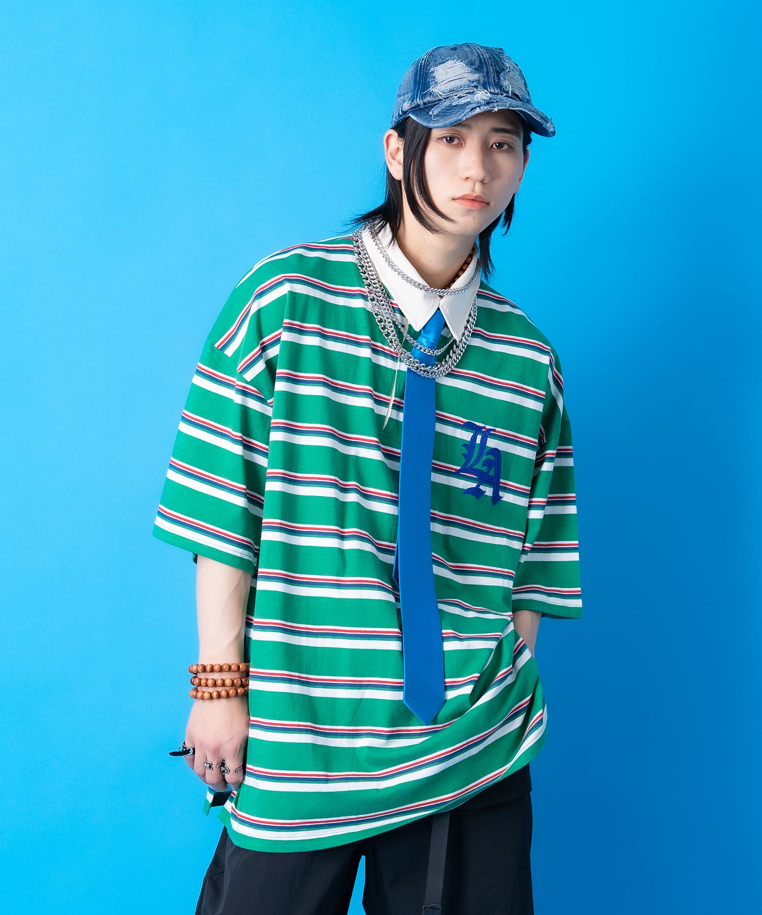 エクストララージラガーシャツ 太ボーダー 3色切替 センター刺繡ロゴ ゆるダボ エクストララージラガーシャツ 太ボーダー 3色切替 センター刺繡ロゴ