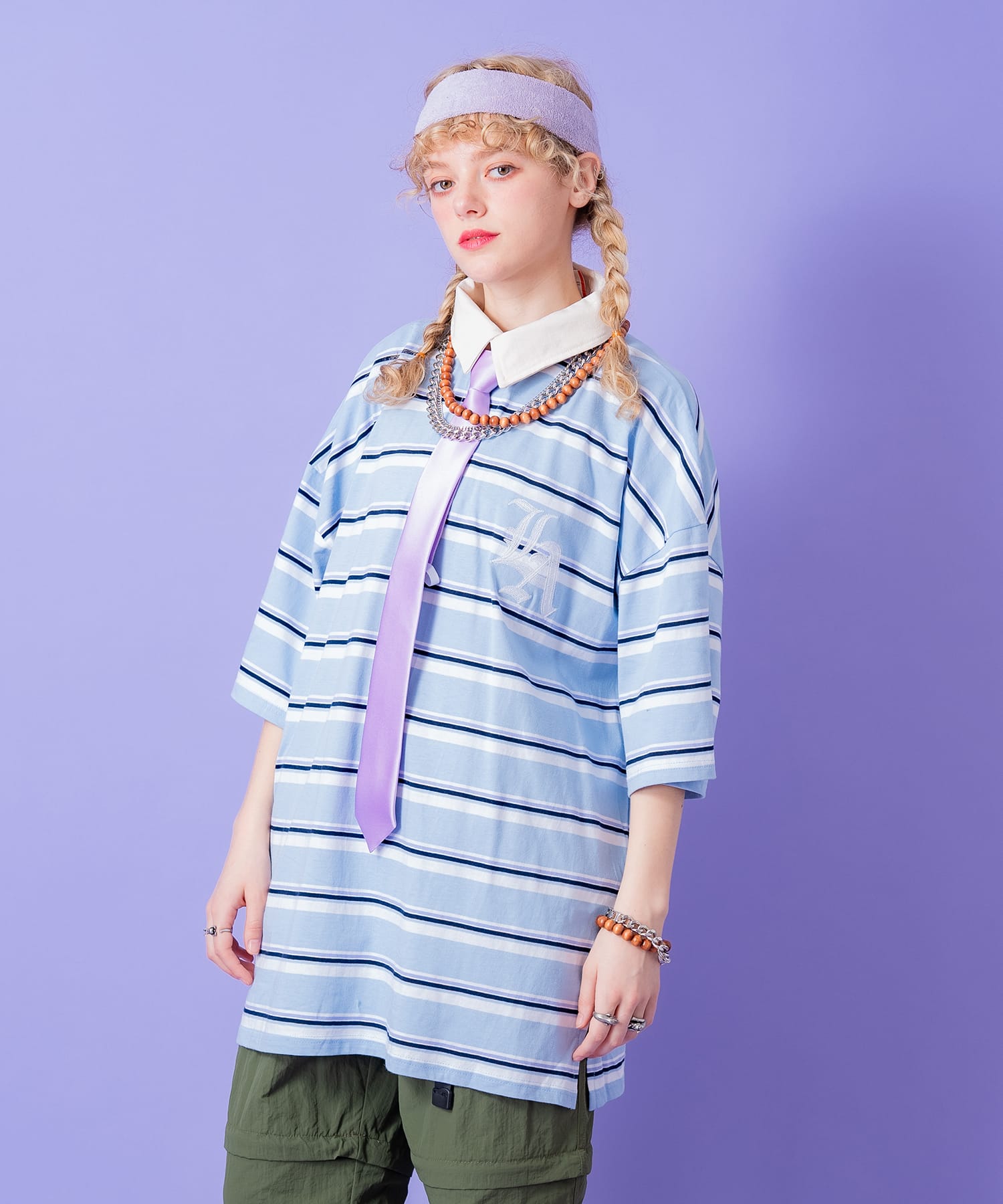 ワンポイントロゴ刺繍×ビッグナンバリングプリントボーダー柄オーバー