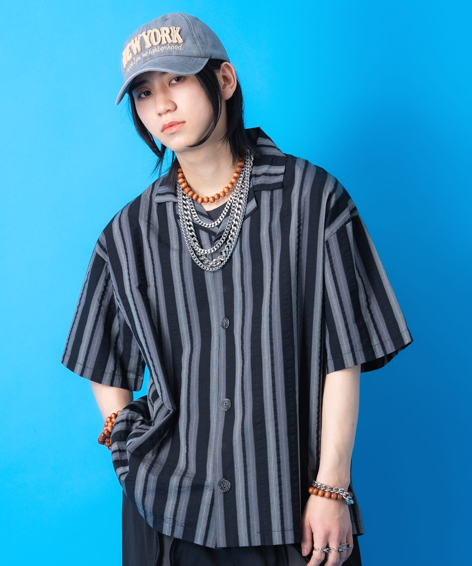 ウェーブミックスマルチストライプオーバーサイズオープンカラーシャツ