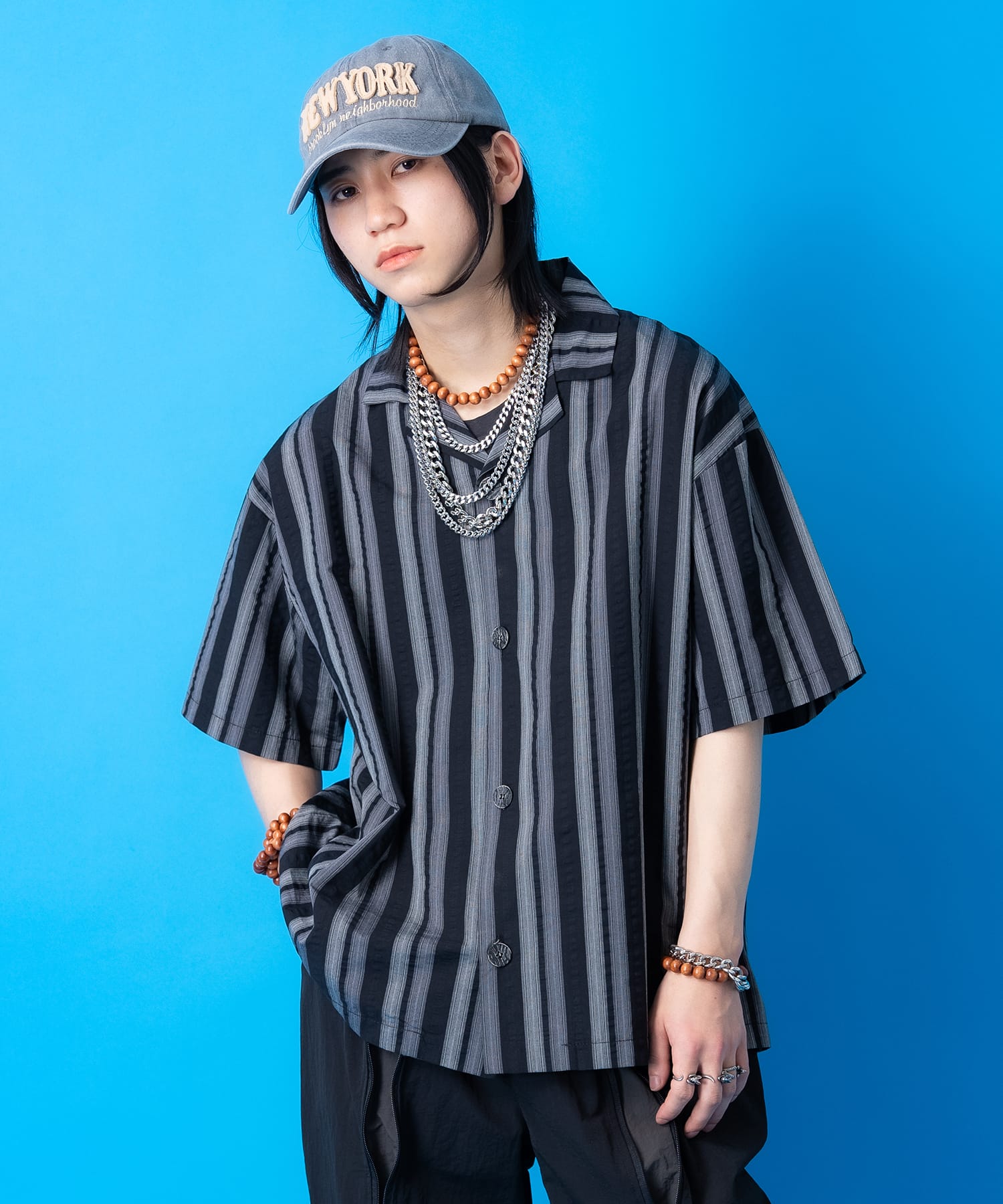 ウェーブミックスマルチストライプオーバーサイズオープンカラーシャツ